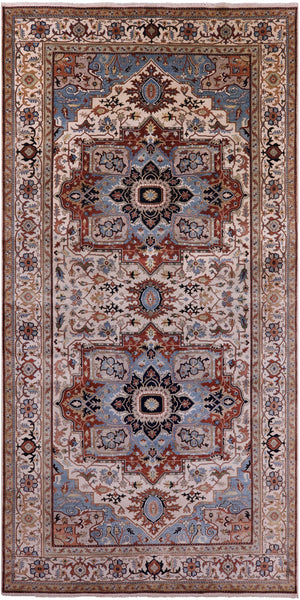 Ivory Geometric Heriz Serapi Hand Knotted Wool Rug - 8' 11" X 17' 11" - Golden Nile