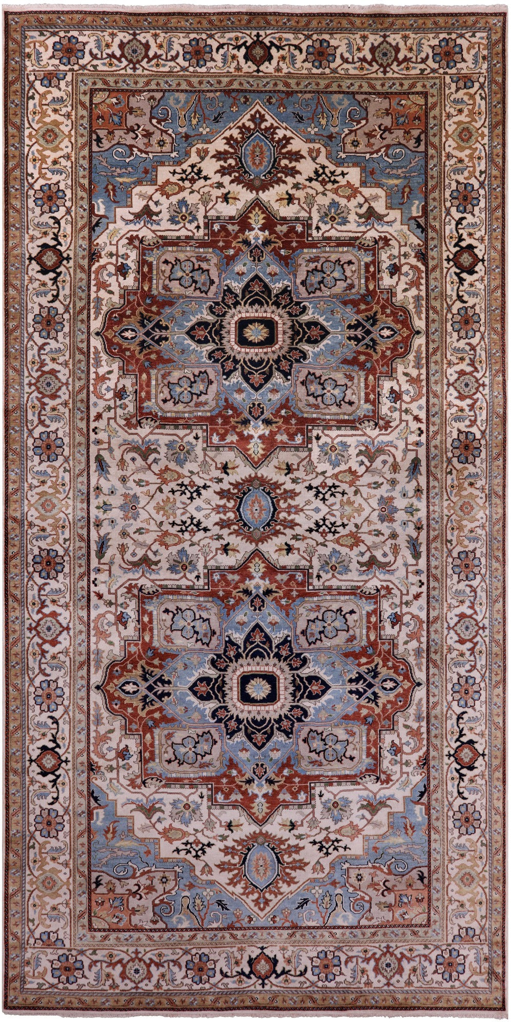 Ivory Geometric Heriz Serapi Hand Knotted Wool Rug - 8' 11" X 17' 11" - Golden Nile