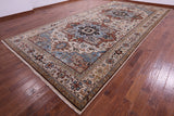 Ivory Geometric Heriz Serapi Hand Knotted Wool Rug - 8' 11" X 17' 11" - Golden Nile