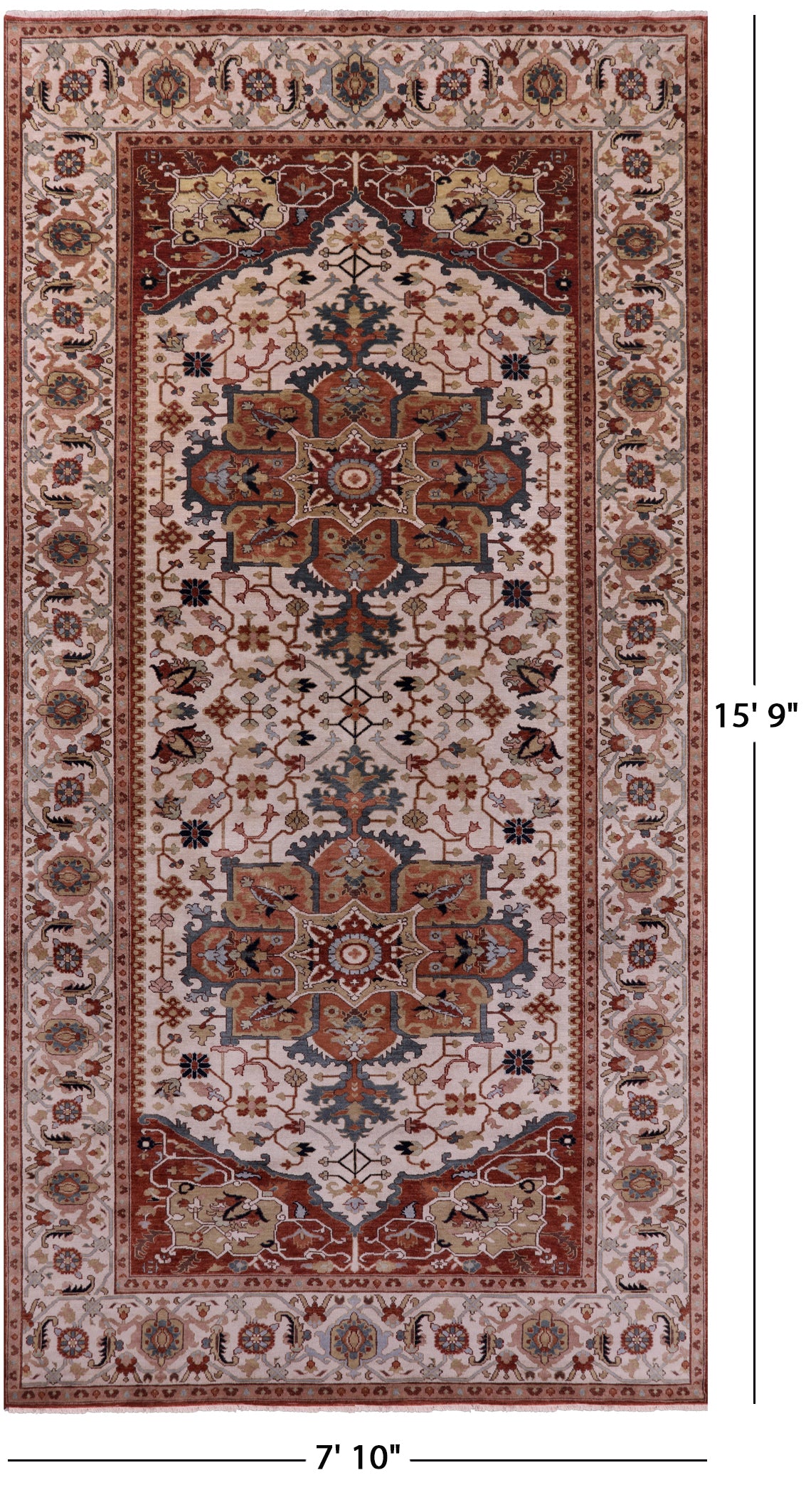 Ivory Geometric Heriz Serapi Hand Knotted Wool Rug - 7' 10" X 15' 9" - Golden Nile
