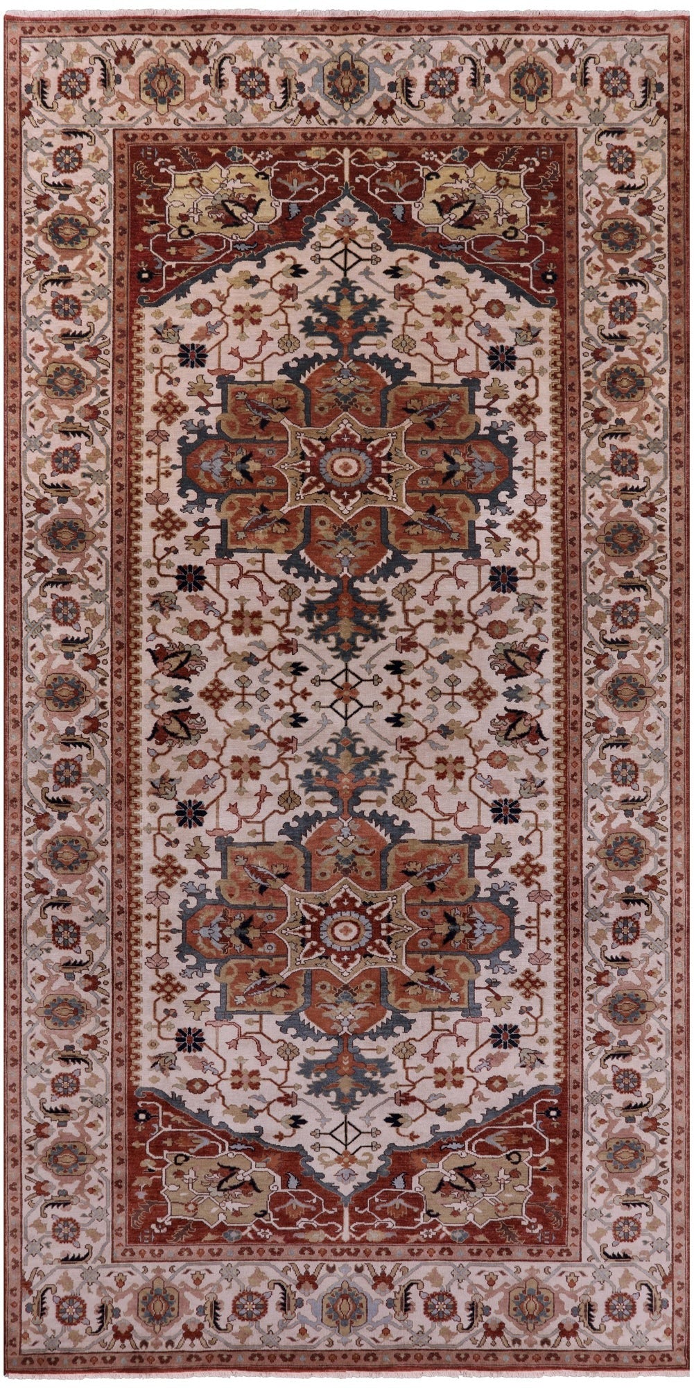 Ivory Geometric Heriz Serapi Hand Knotted Wool Rug - 7' 10" X 15' 9" - Golden Nile