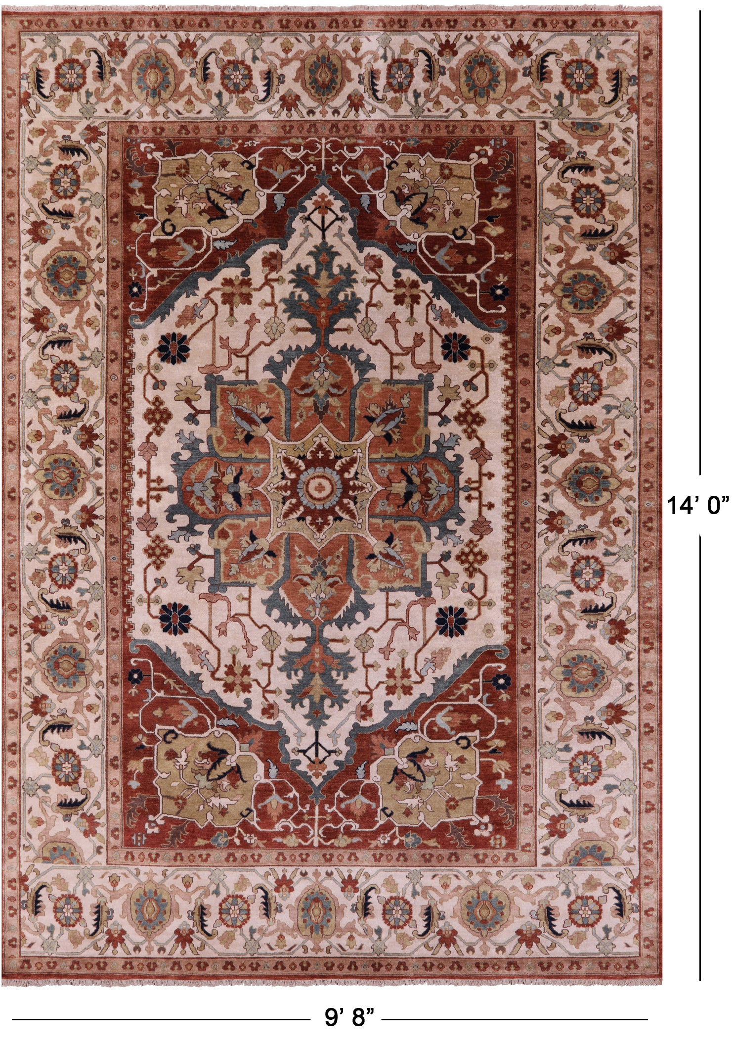 Ivory Geometric Heriz Serapi Hand Knotted Wool Rug - 9' 8" X 14' 0" - Golden Nile
