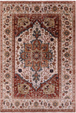 Ivory Geometric Heriz Serapi Hand Knotted Wool Rug - 9' 8" X 14' 0" - Golden Nile