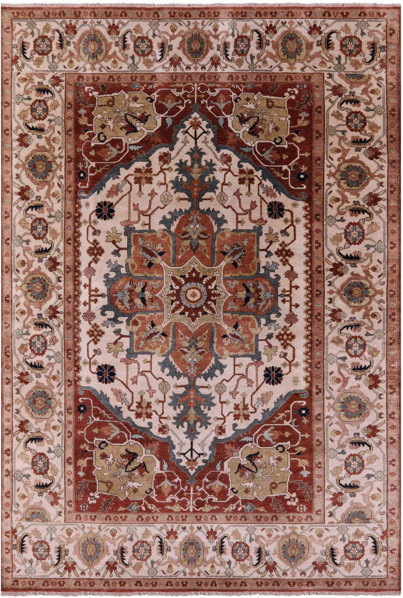 Ivory Geometric Heriz Serapi Hand Knotted Wool Rug - 9' 8" X 14' 0" - Golden Nile