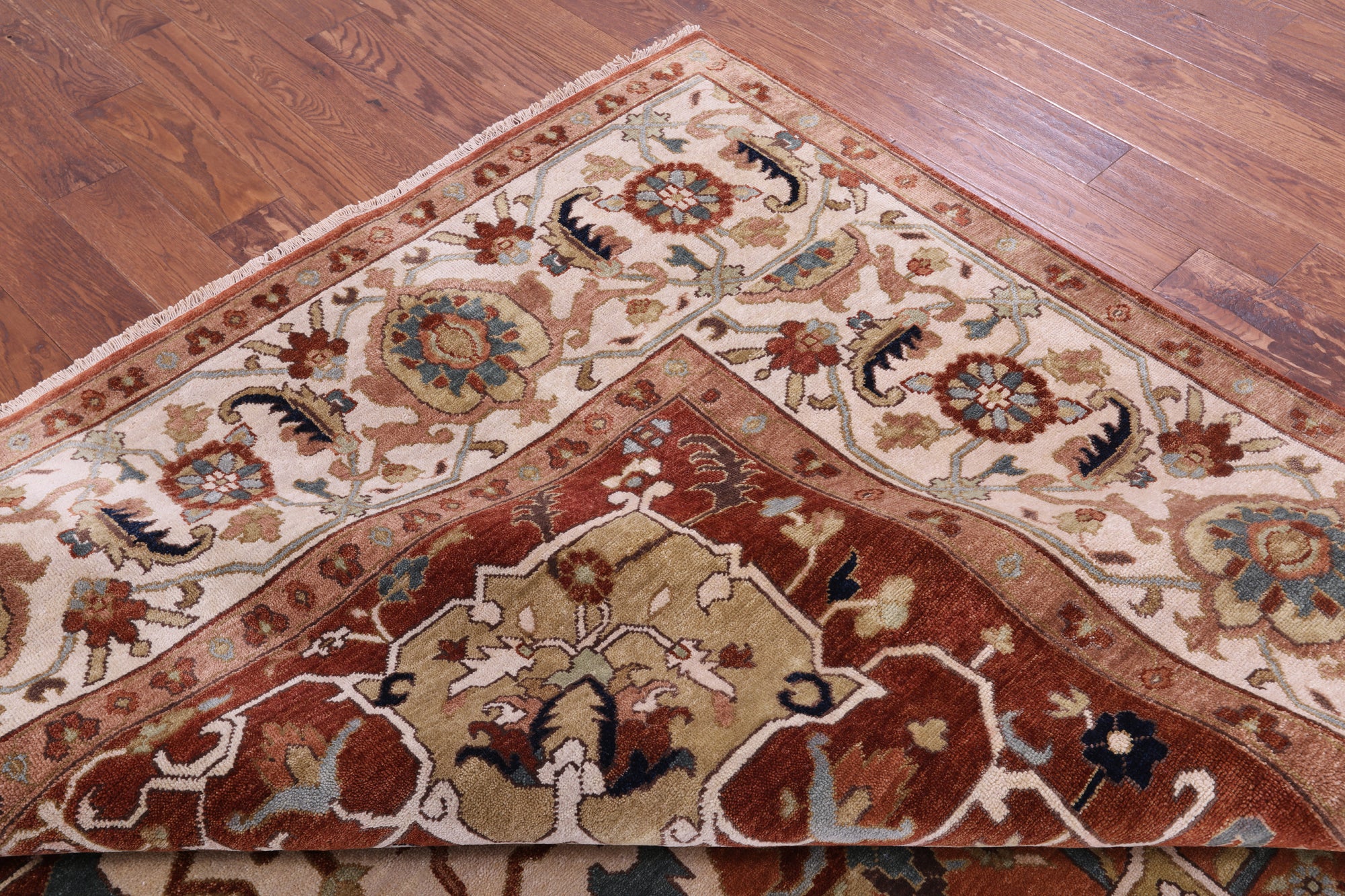 Ivory Geometric Heriz Serapi Hand Knotted Wool Rug - 9' 8" X 14' 0" - Golden Nile
