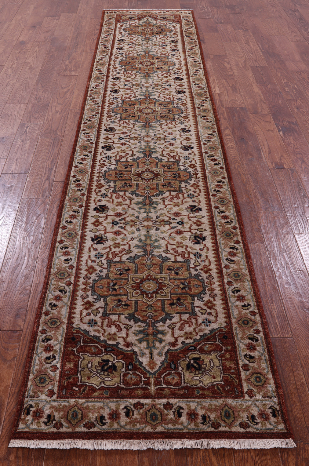 Ivory Persian Heriz Serapi Hand Knotted Wool Runner Rug - 2' 6" X 11' 11" - Golden Nile