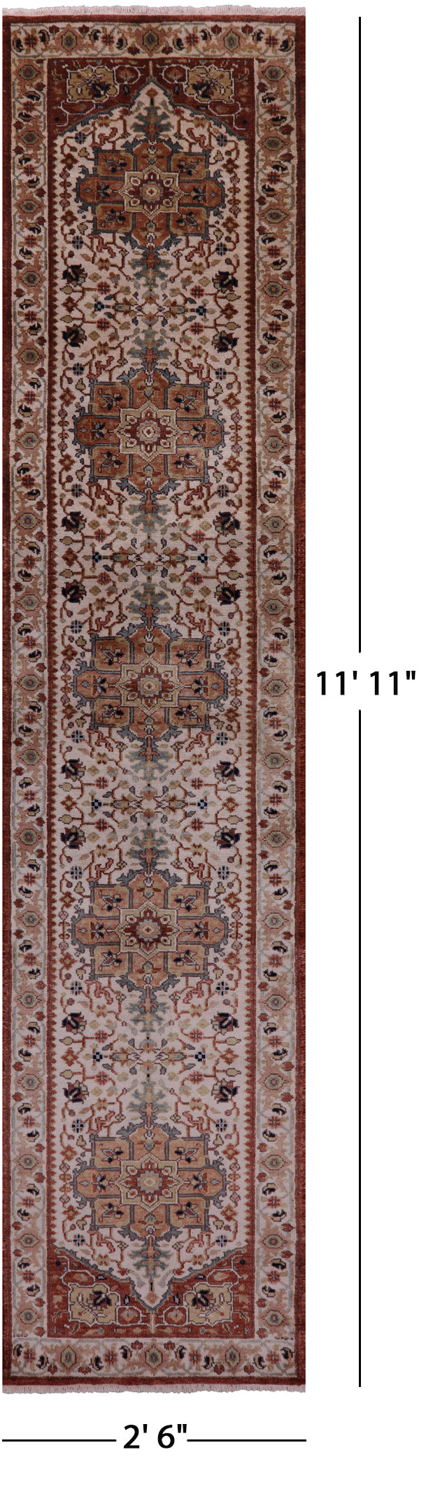 Ivory Persian Heriz Serapi Hand Knotted Wool Runner Rug - 2' 6" X 11' 11" - Golden Nile