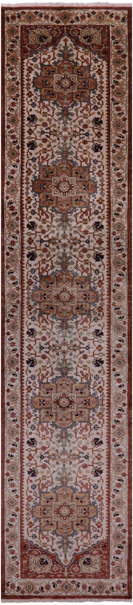 Ivory Persian Heriz Serapi Hand Knotted Wool Runner Rug - 2' 6" X 11' 11" - Golden Nile