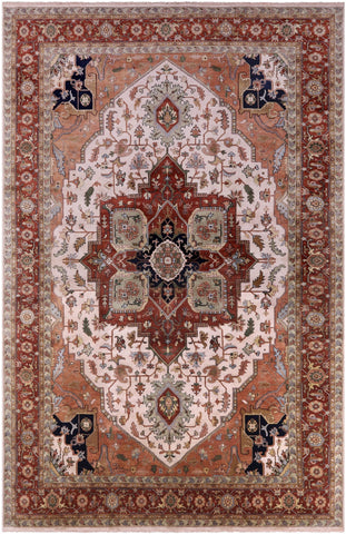 Ivory Geometric Heriz Serapi Handmade Wool Rug - 11' 9