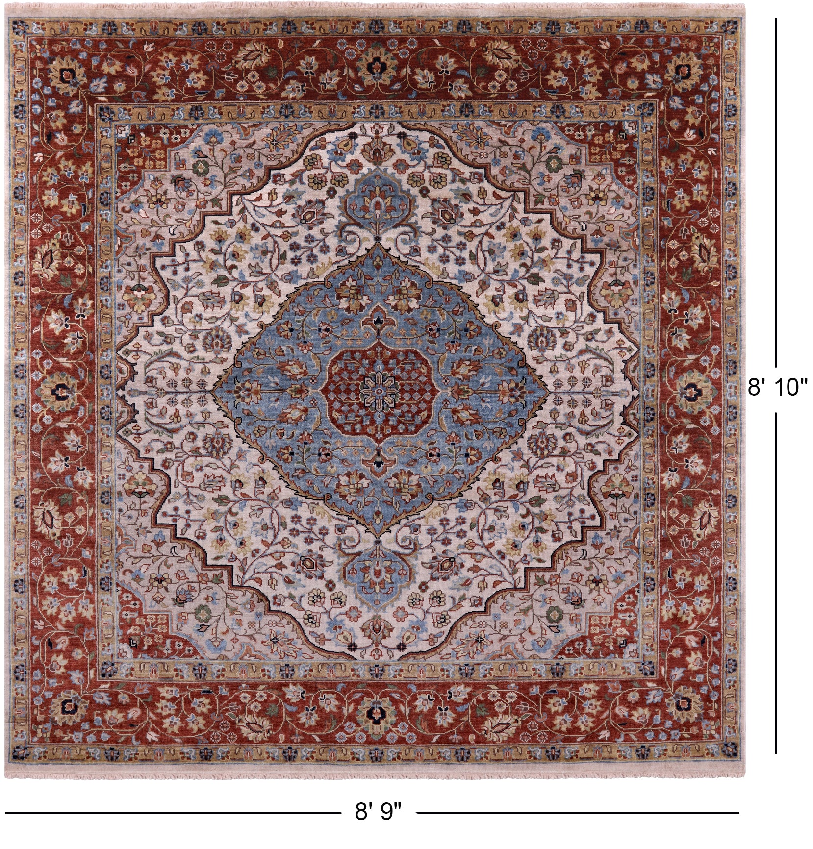 Ivory Square Persian Fine Serapi Hand Knotted Wool Rug - 8' 9" X 8' 10" - Golden Nile