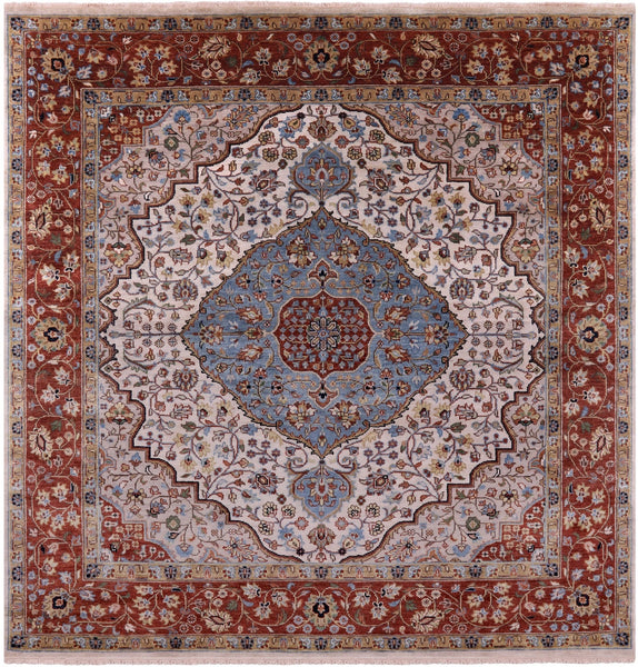Ivory Square Persian Fine Serapi Hand Knotted Wool Rug - 8' 9" X 8' 10" - Golden Nile