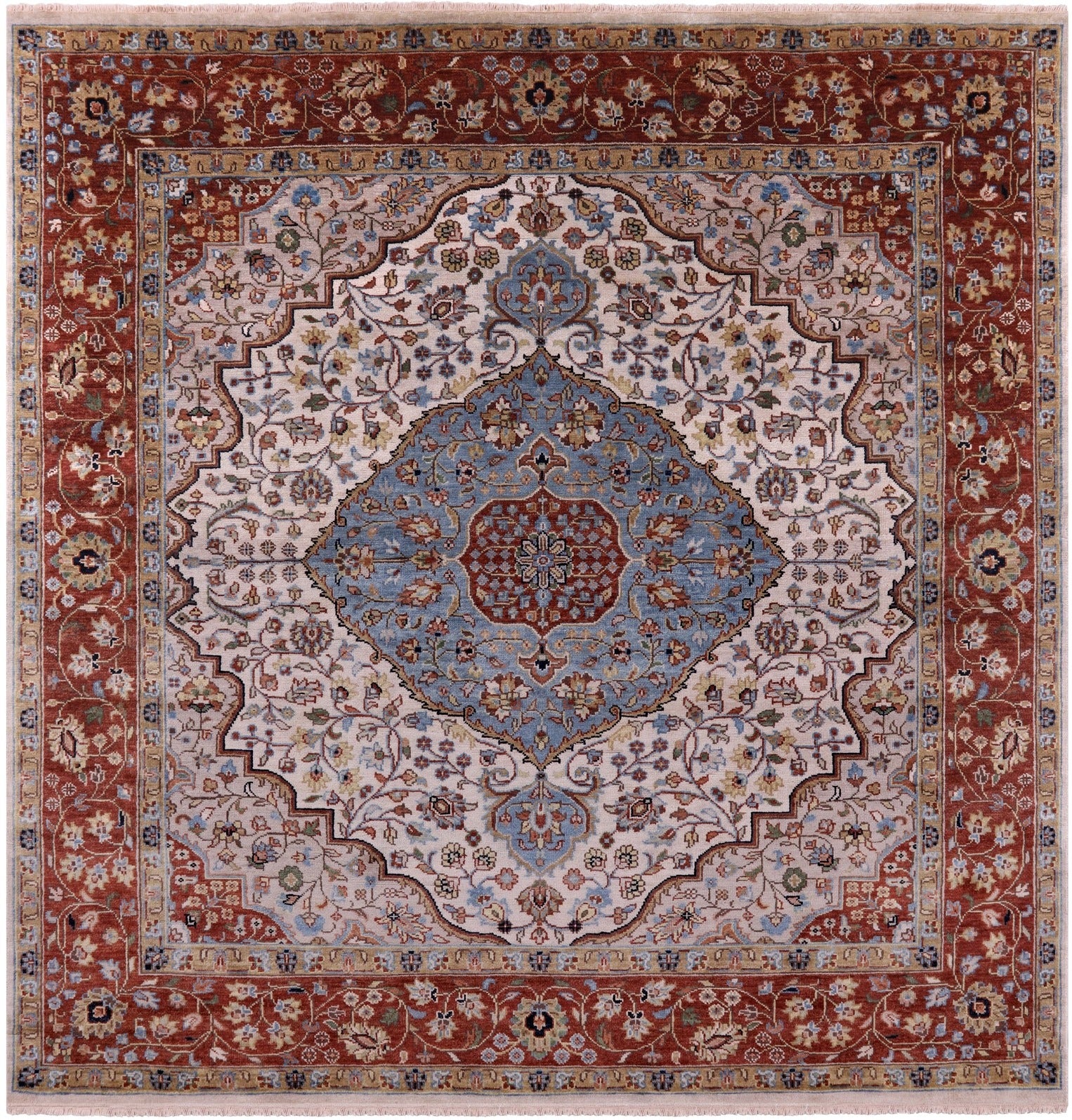 Ivory Square Persian Fine Serapi Hand Knotted Wool Rug - 8' 9" X 8' 10" - Golden Nile