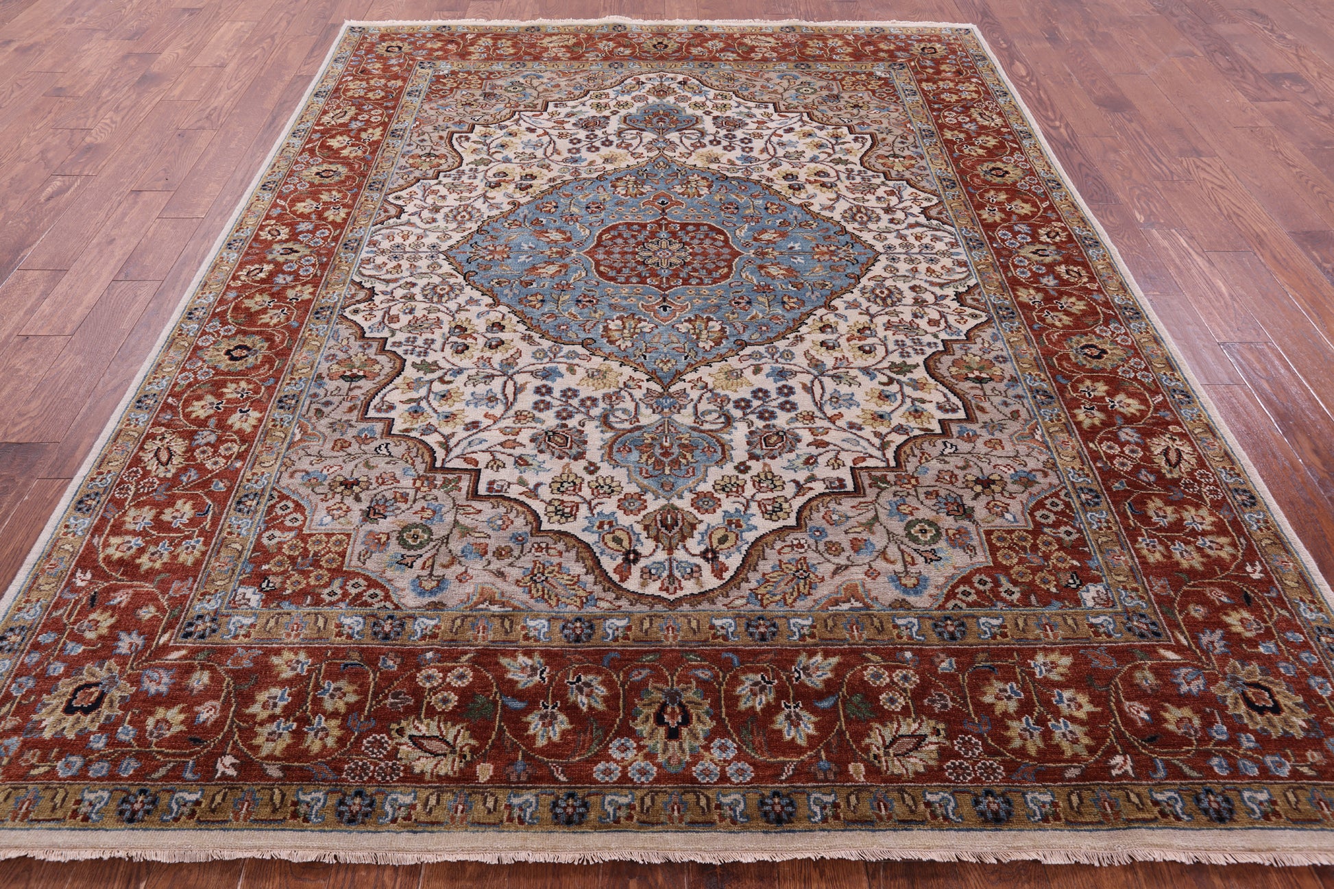Ivory Persian Heriz Serapi Handmade Wool Rug - 7' 9" X 9' 10" - Golden Nile