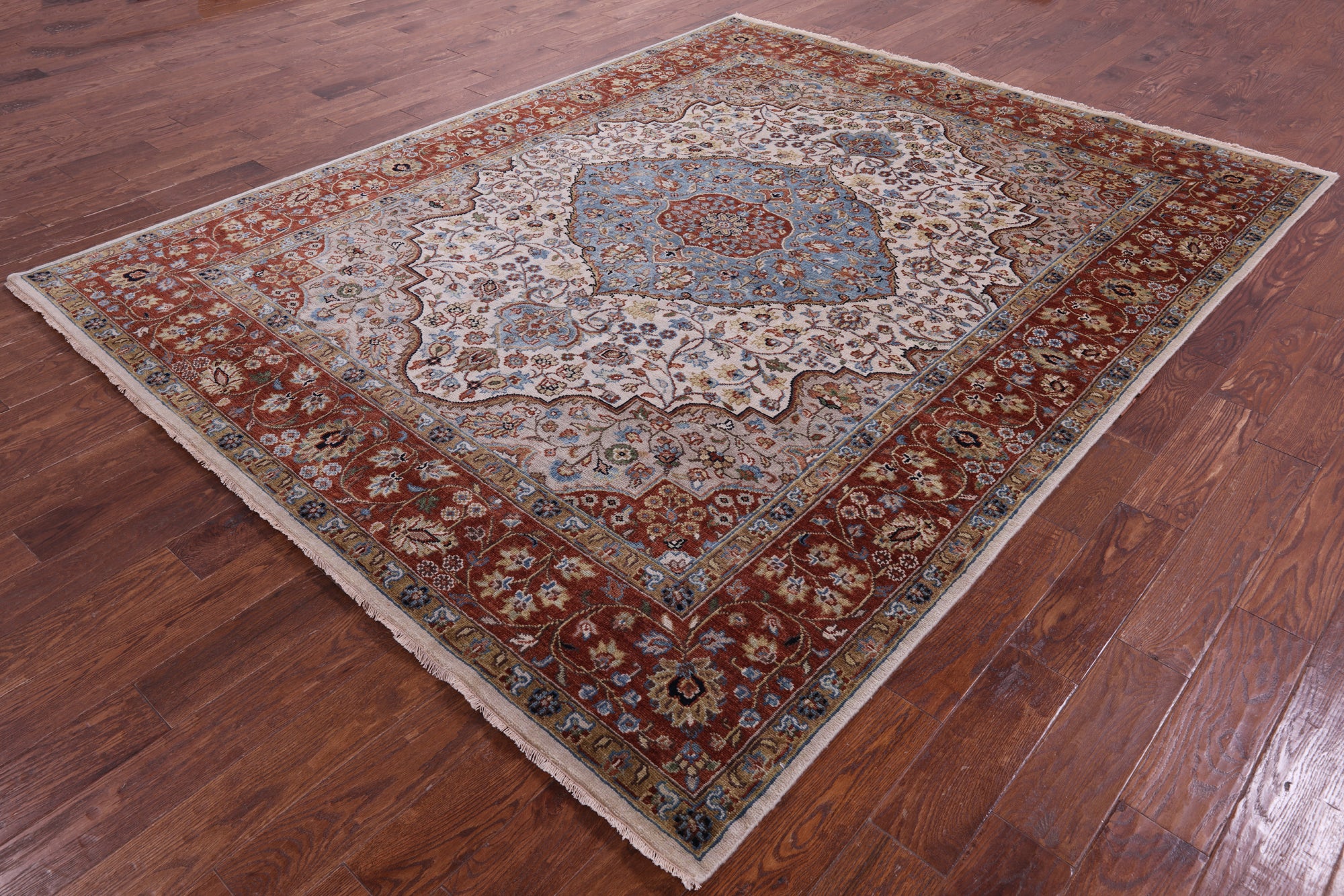 Ivory Persian Heriz Serapi Handmade Wool Rug - 7' 9" X 9' 10" - Golden Nile