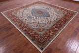 Ivory Square Persian Heriz Serapi Hand Knotted Wool Rug - 8' 11" X 8' 11" - Golden Nile
