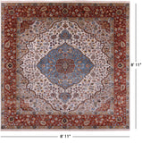 Ivory Square Persian Heriz Serapi Hand Knotted Wool Rug - 8' 11" X 8' 11" - Golden Nile