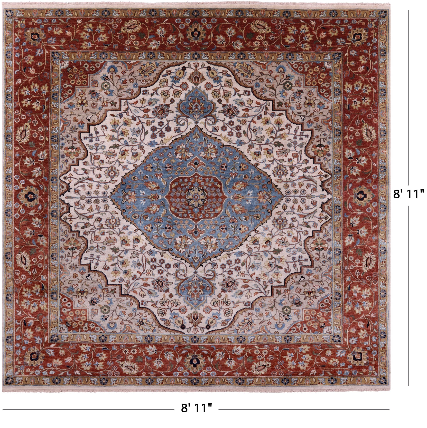 Ivory Square Persian Heriz Serapi Hand Knotted Wool Rug - 8' 11" X 8' 11" - Golden Nile
