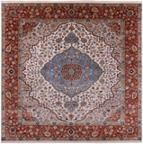 Ivory Square Persian Heriz Serapi Hand Knotted Wool Rug - 8' 11" X 8' 11" - Golden Nile