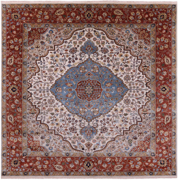 Ivory Square Persian Heriz Serapi Hand Knotted Wool Rug - 8' 11" X 8' 11" - Golden Nile