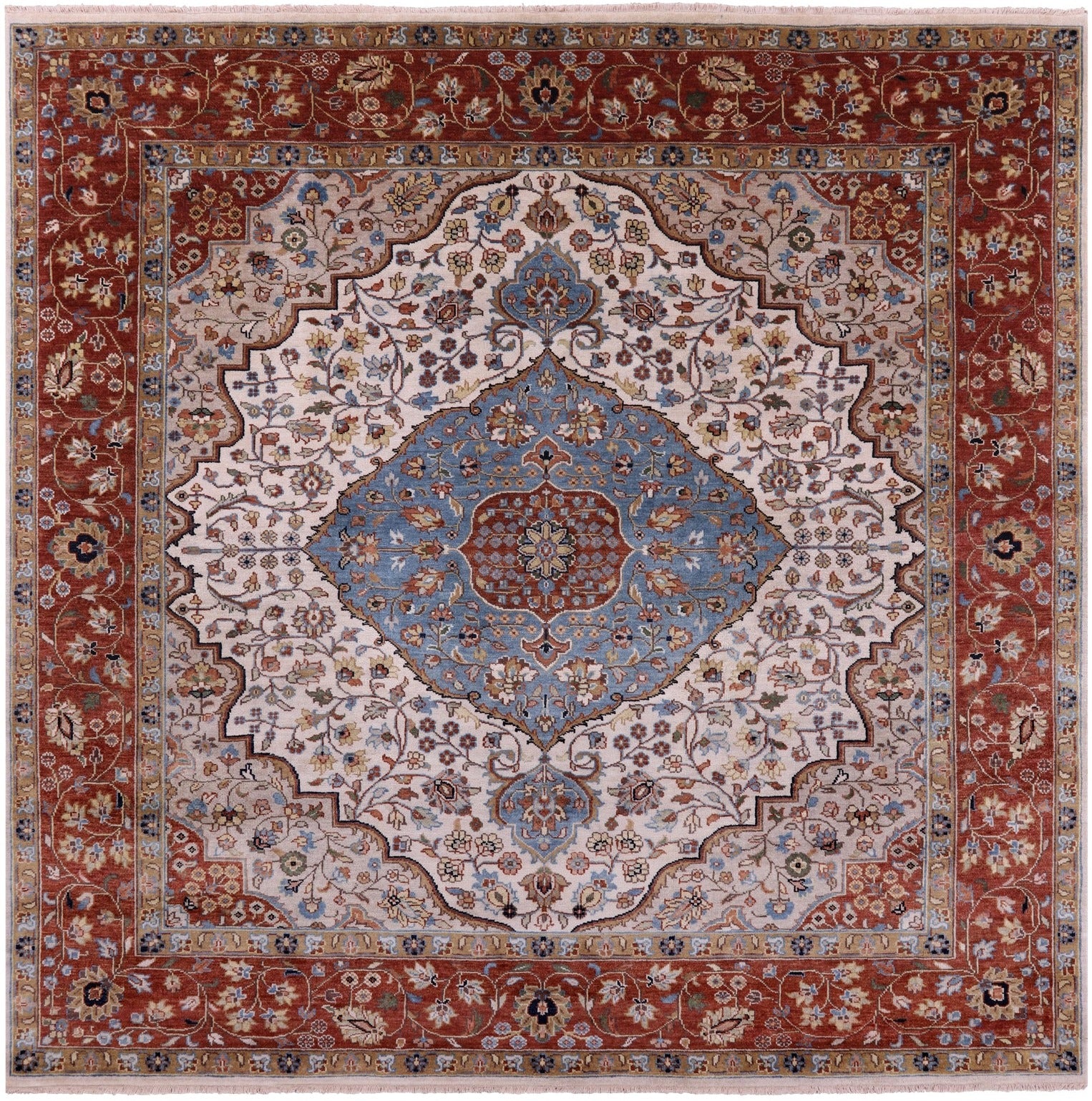 Ivory Square Persian Heriz Serapi Hand Knotted Wool Rug - 8' 11" X 8' 11" - Golden Nile