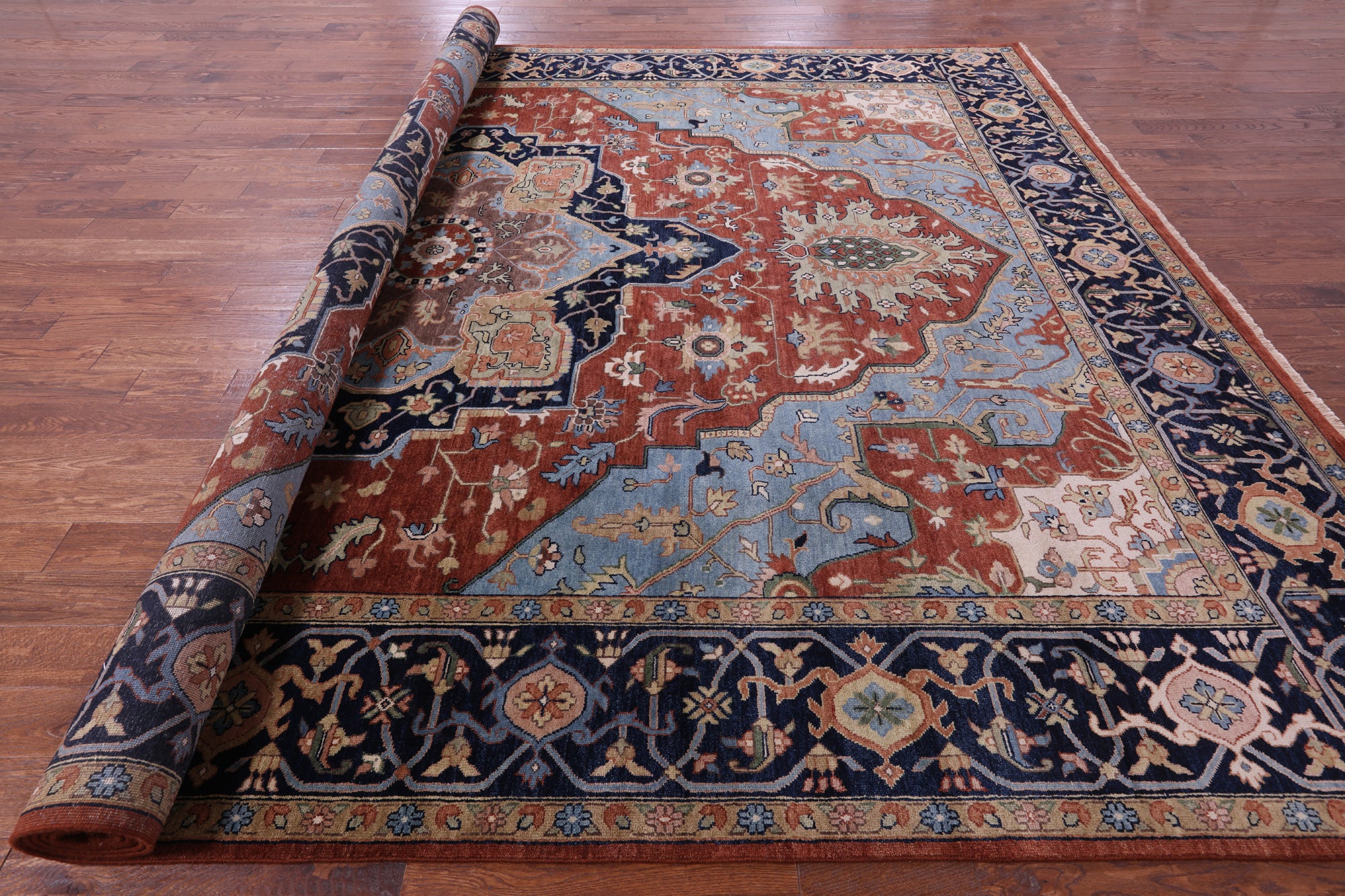 Rust Geometric Heriz Serapi Hand Knotted Wool Rug - 11' 7" X 14' 11" - Golden Nile