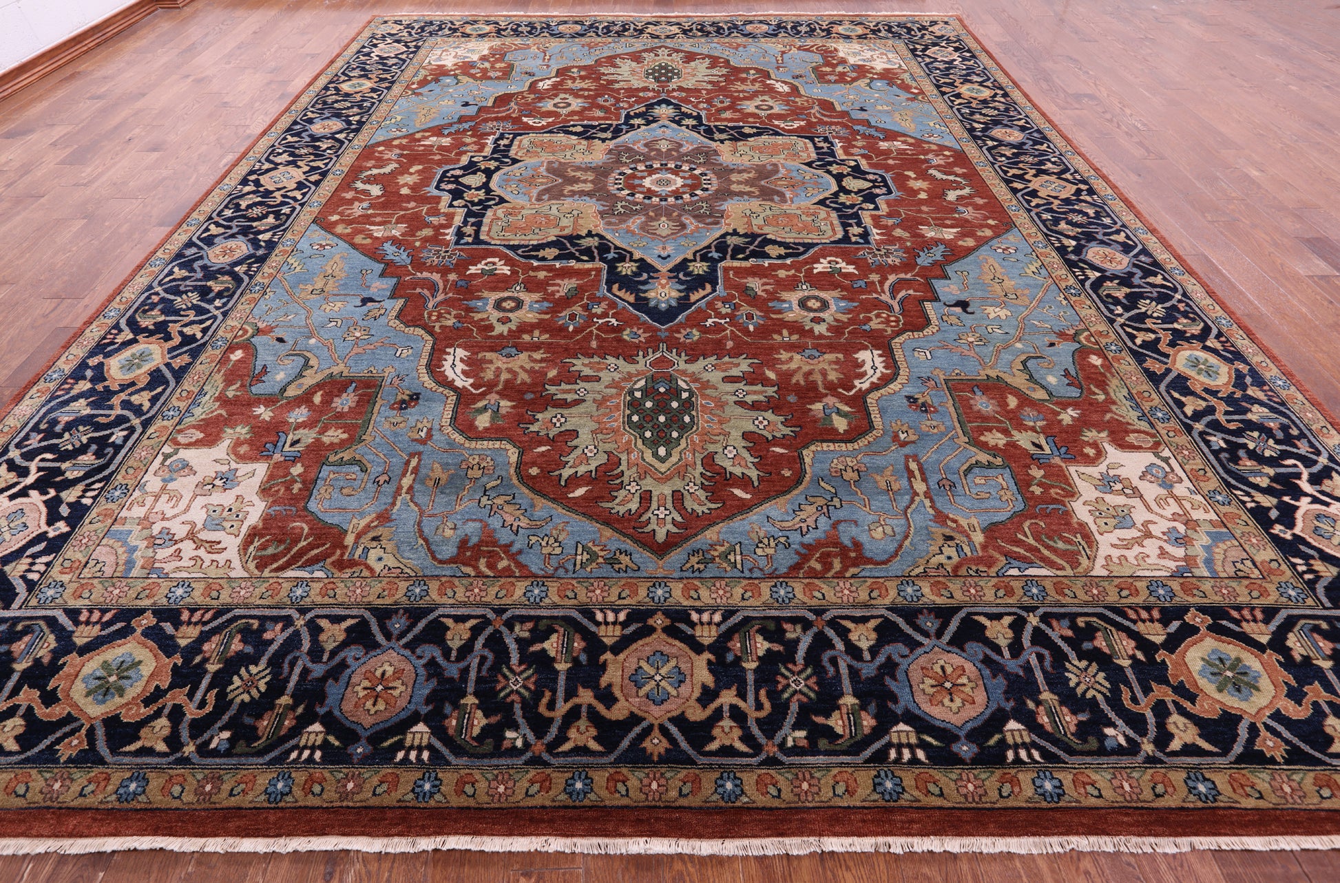 Rust Geometric Heriz Serapi Hand Knotted Wool Rug - 11' 7" X 14' 11" - Golden Nile