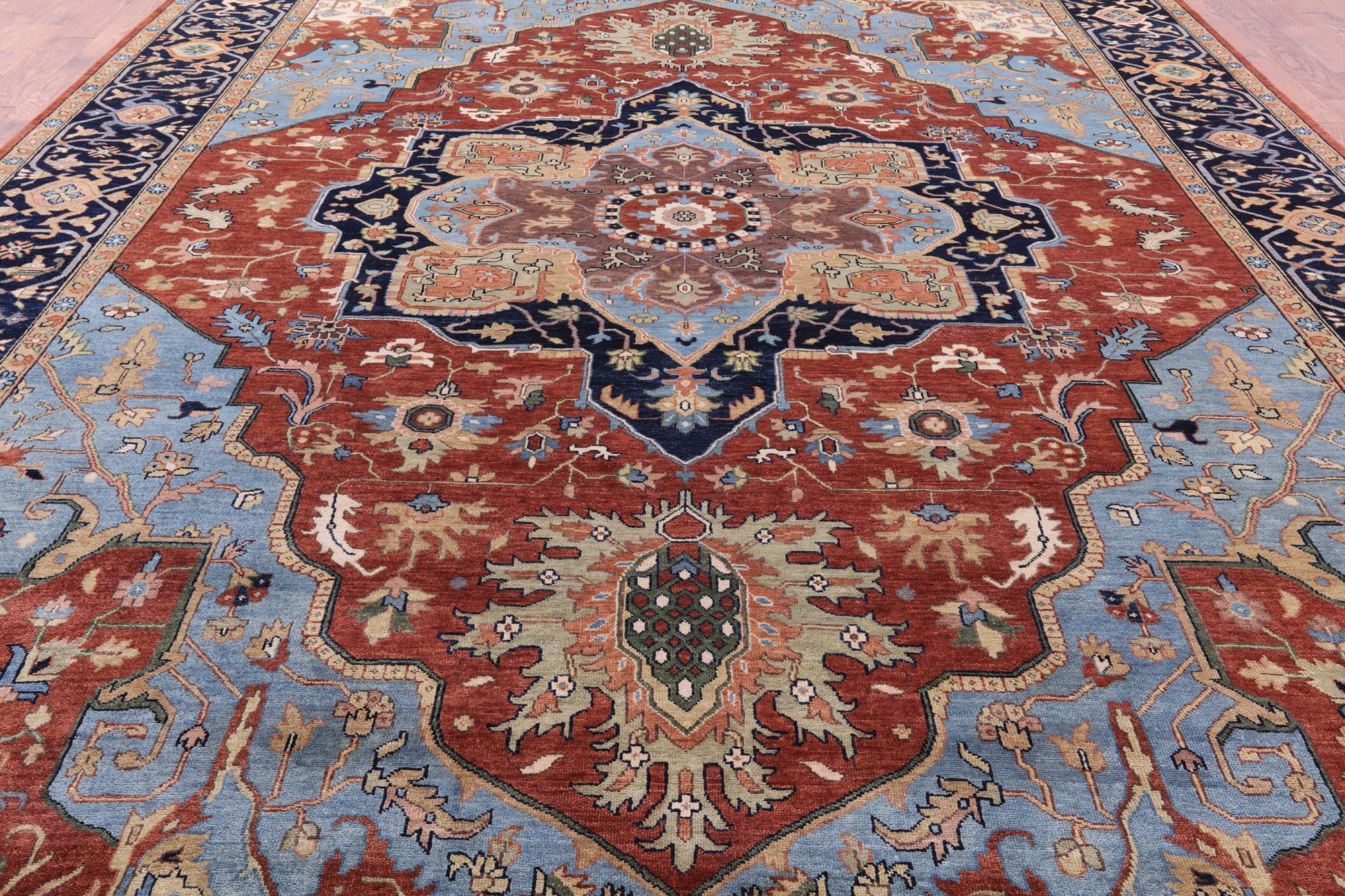 Rust Geometric Heriz Serapi Hand Knotted Wool Rug - 11' 7" X 14' 11" - Golden Nile