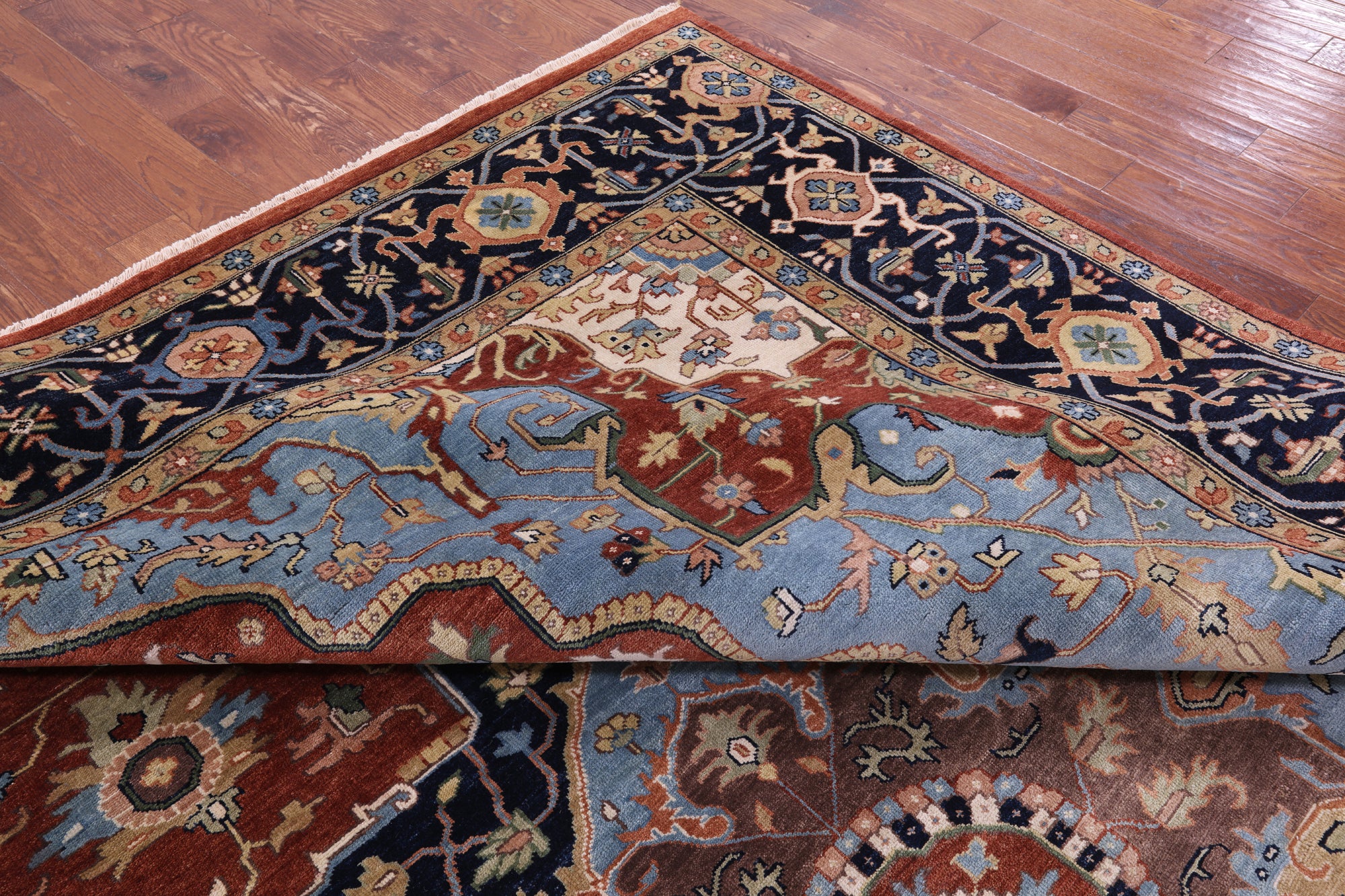 Rust Geometric Heriz Serapi Hand Knotted Wool Rug - 11' 7" X 14' 11" - Golden Nile