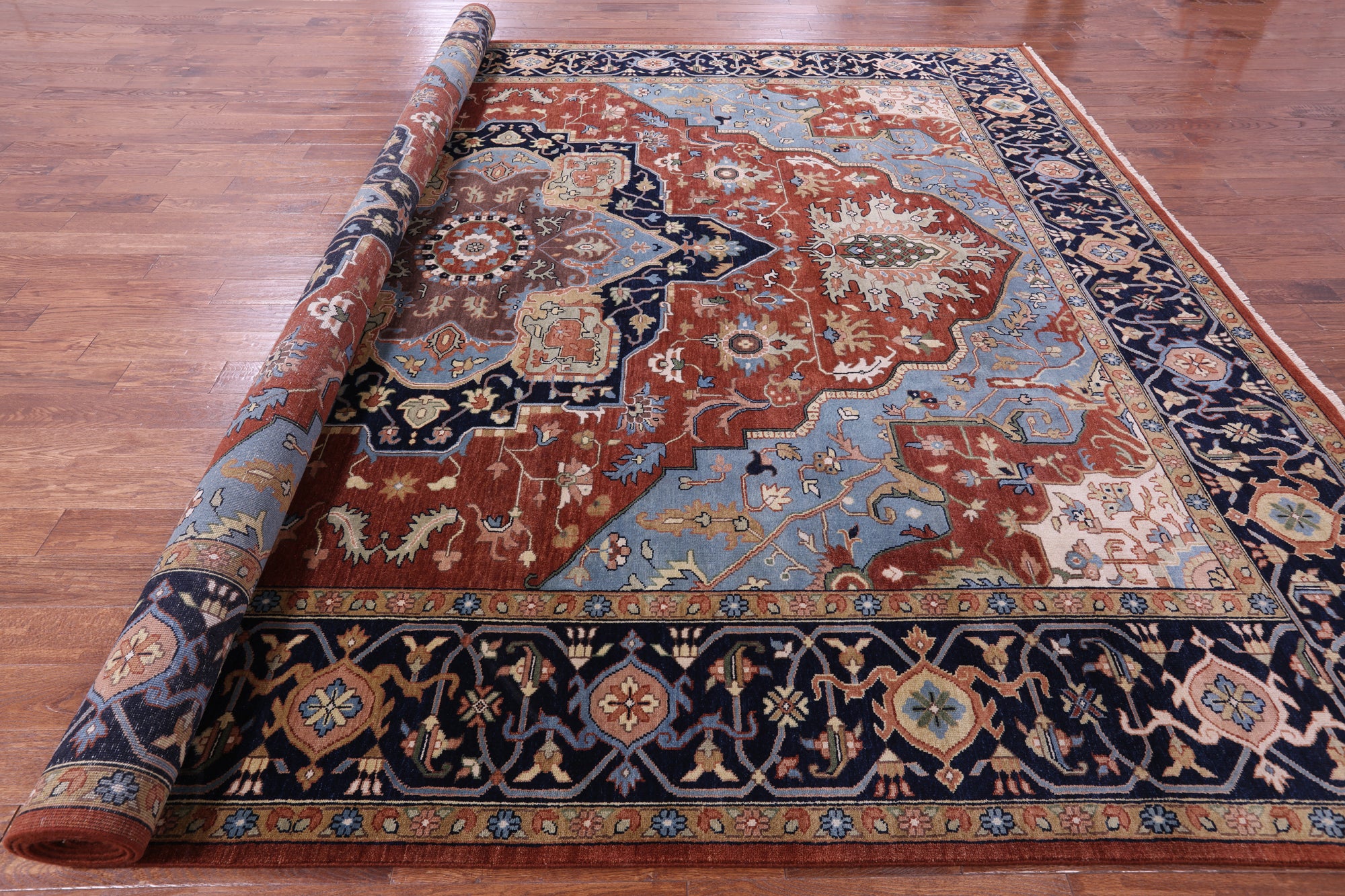 Rust Geometric Heriz Serapi Hand Knotted Wool Rug - 11' 10" X 14' 9" - Golden Nile