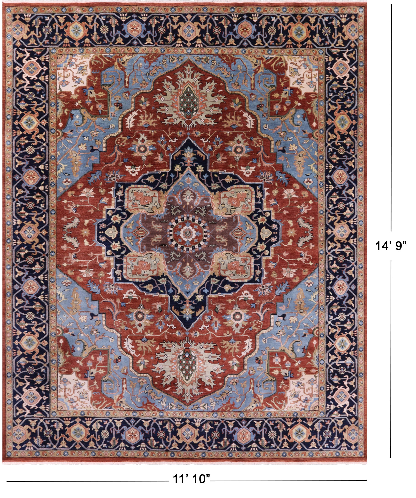 Rust Geometric Heriz Serapi Hand Knotted Wool Rug - 11' 10" X 14' 9" - Golden Nile