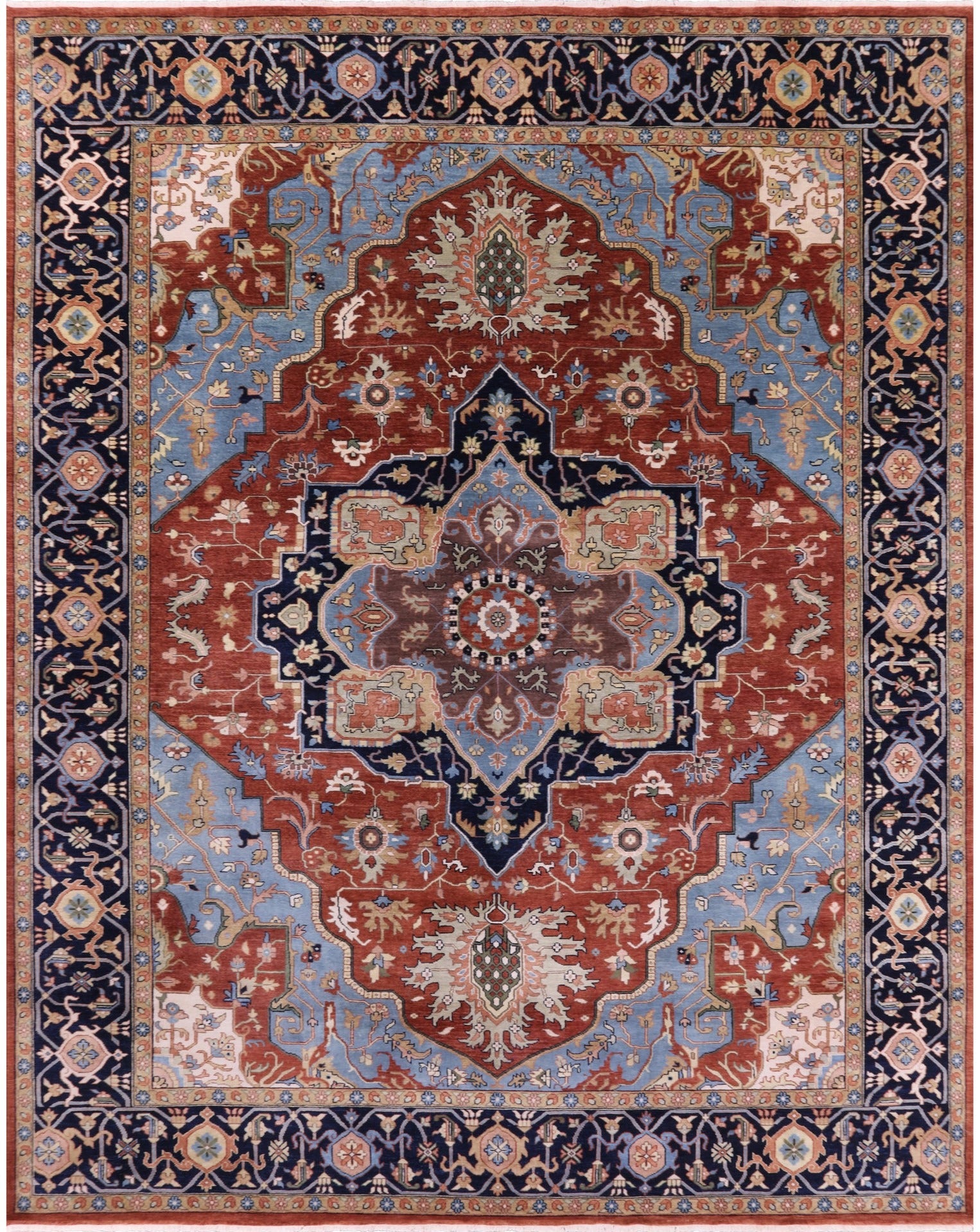 Rust Geometric Heriz Serapi Hand Knotted Wool Rug - 11' 10" X 14' 9" - Golden Nile