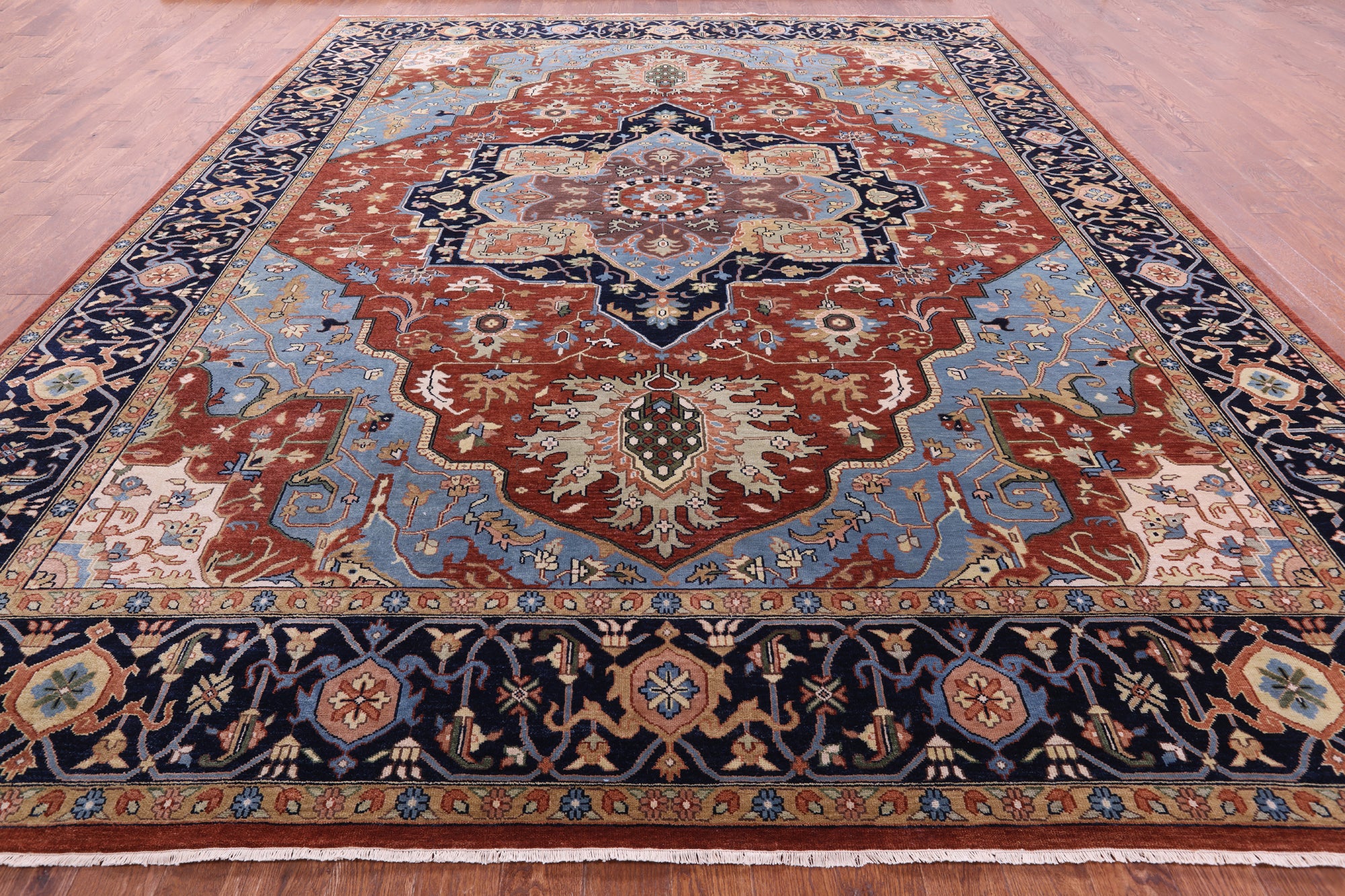 Rust Geometric Heriz Serapi Hand Knotted Wool Rug - 11' 10" X 14' 9" - Golden Nile