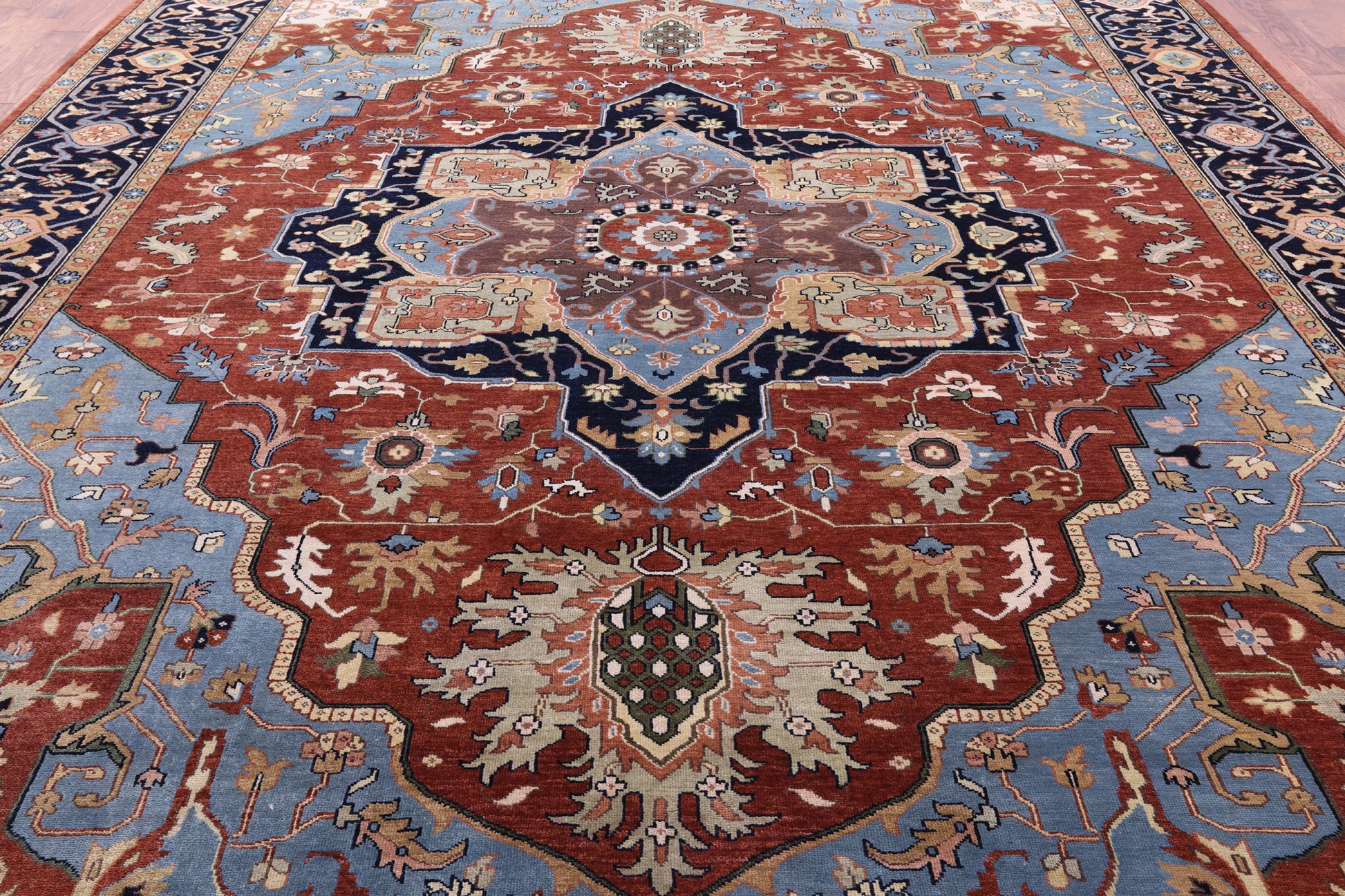 Rust Geometric Heriz Serapi Hand Knotted Wool Rug - 11' 10" X 14' 9" - Golden Nile