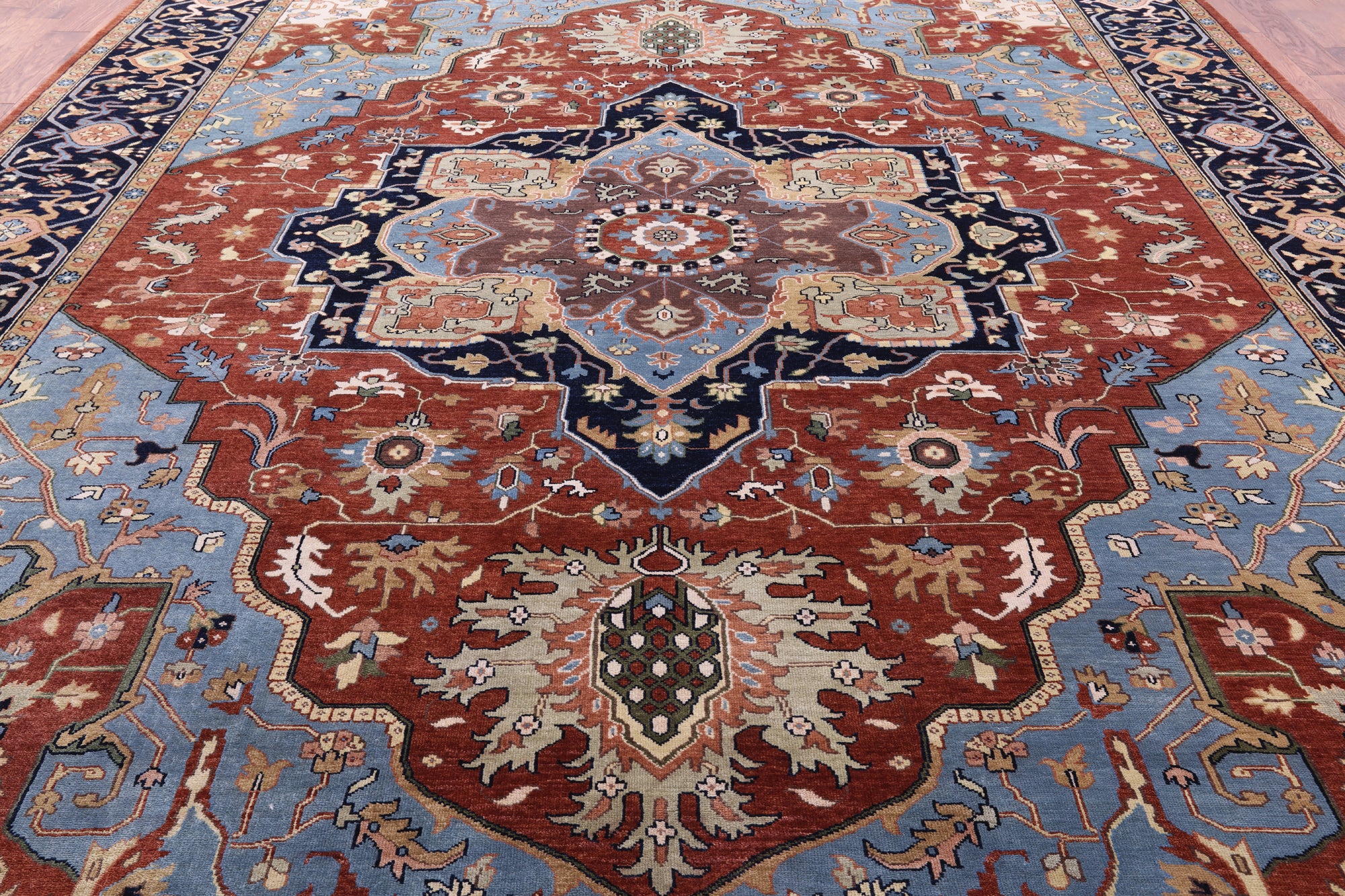 Rust Geometric Heriz Serapi Hand Knotted Wool Rug - 11' 10" X 14' 9" - Golden Nile