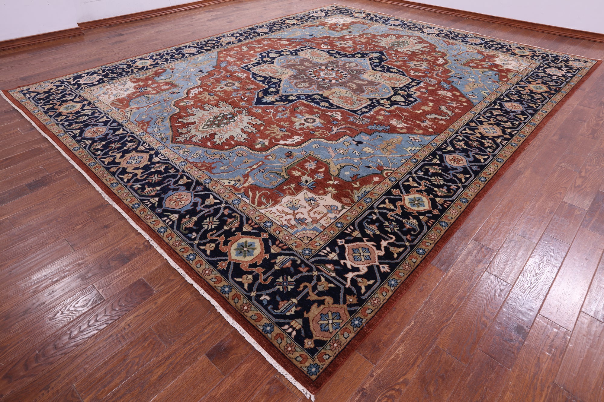 Rust Geometric Heriz Serapi Hand Knotted Wool Rug - 11' 10" X 14' 9" - Golden Nile