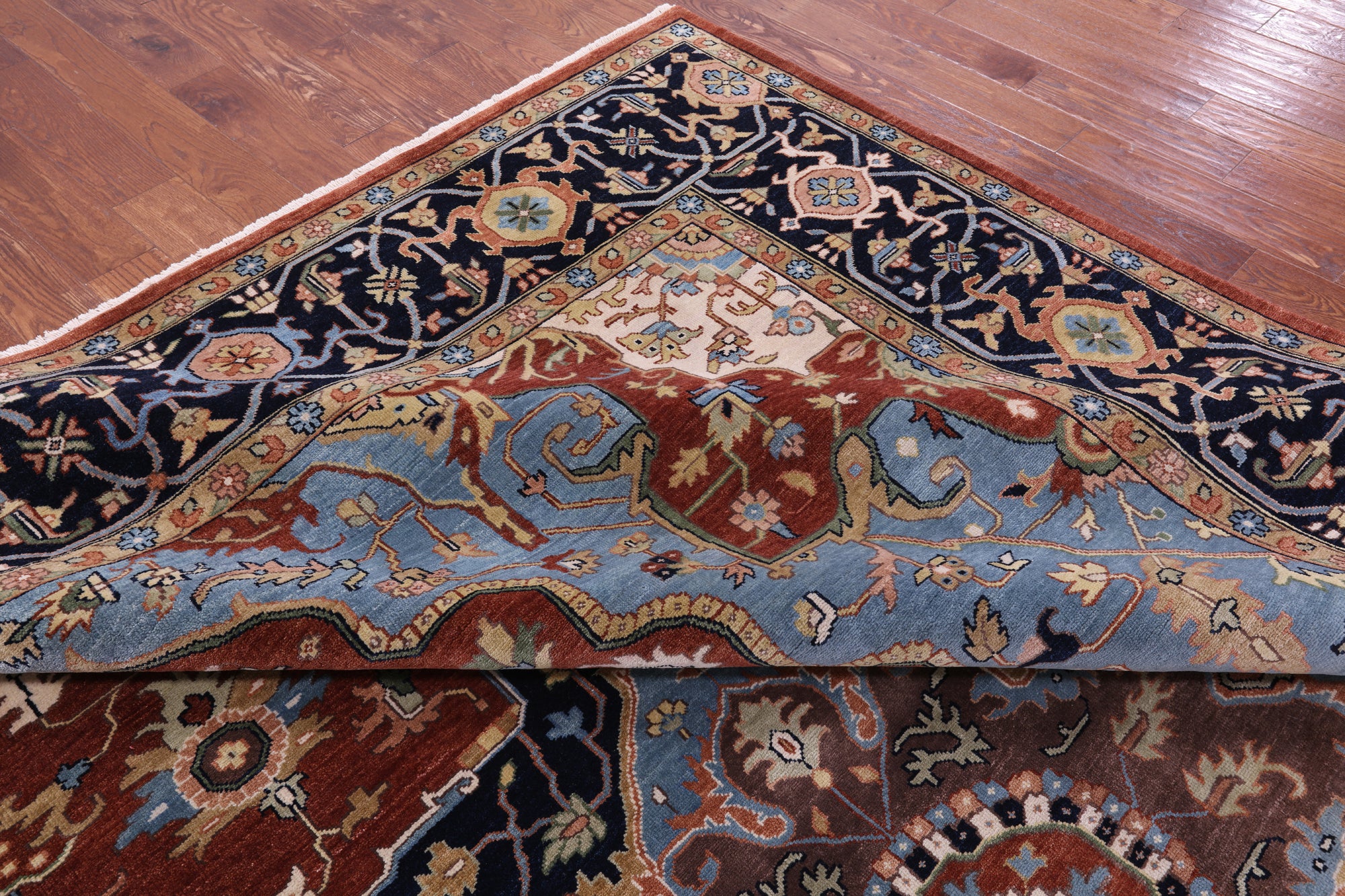 Rust Geometric Heriz Serapi Hand Knotted Wool Rug - 11' 10" X 14' 9" - Golden Nile