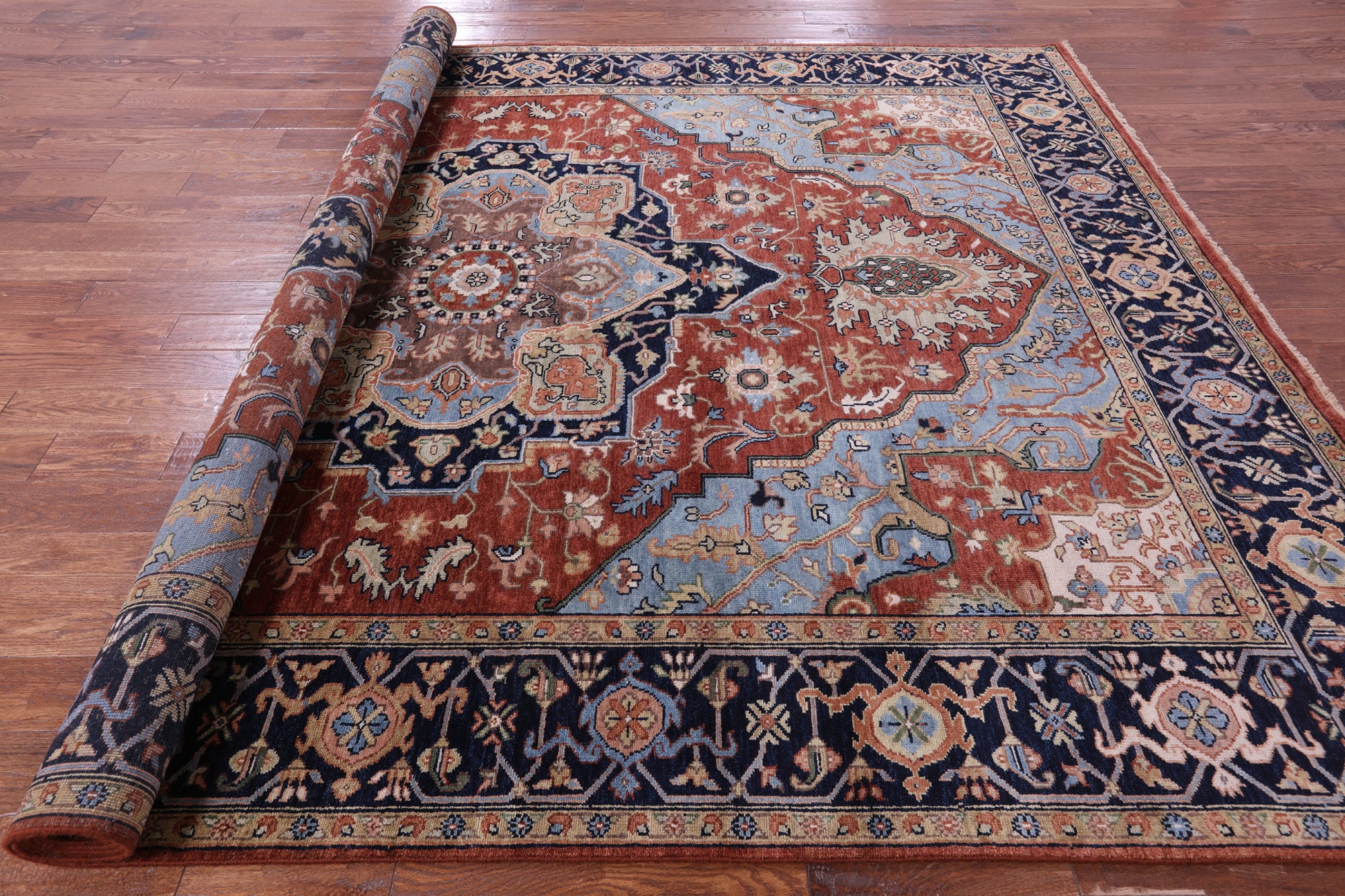 Rust Geometric Heriz Serapi Hand Knotted Wool Rug - 8' 10" X 11' 10" - Golden Nile