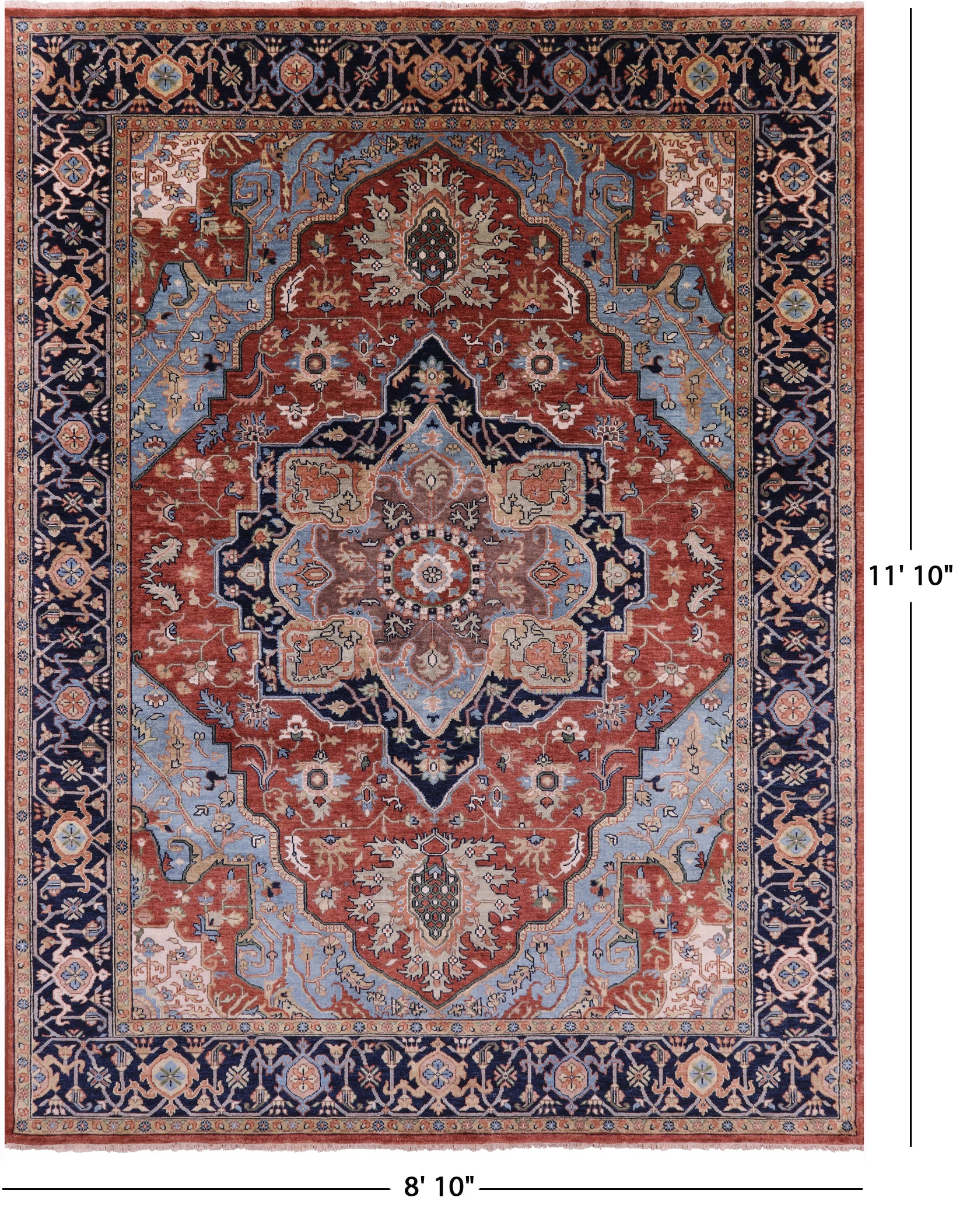 Rust Geometric Heriz Serapi Hand Knotted Wool Rug - 8' 10" X 11' 10" - Golden Nile