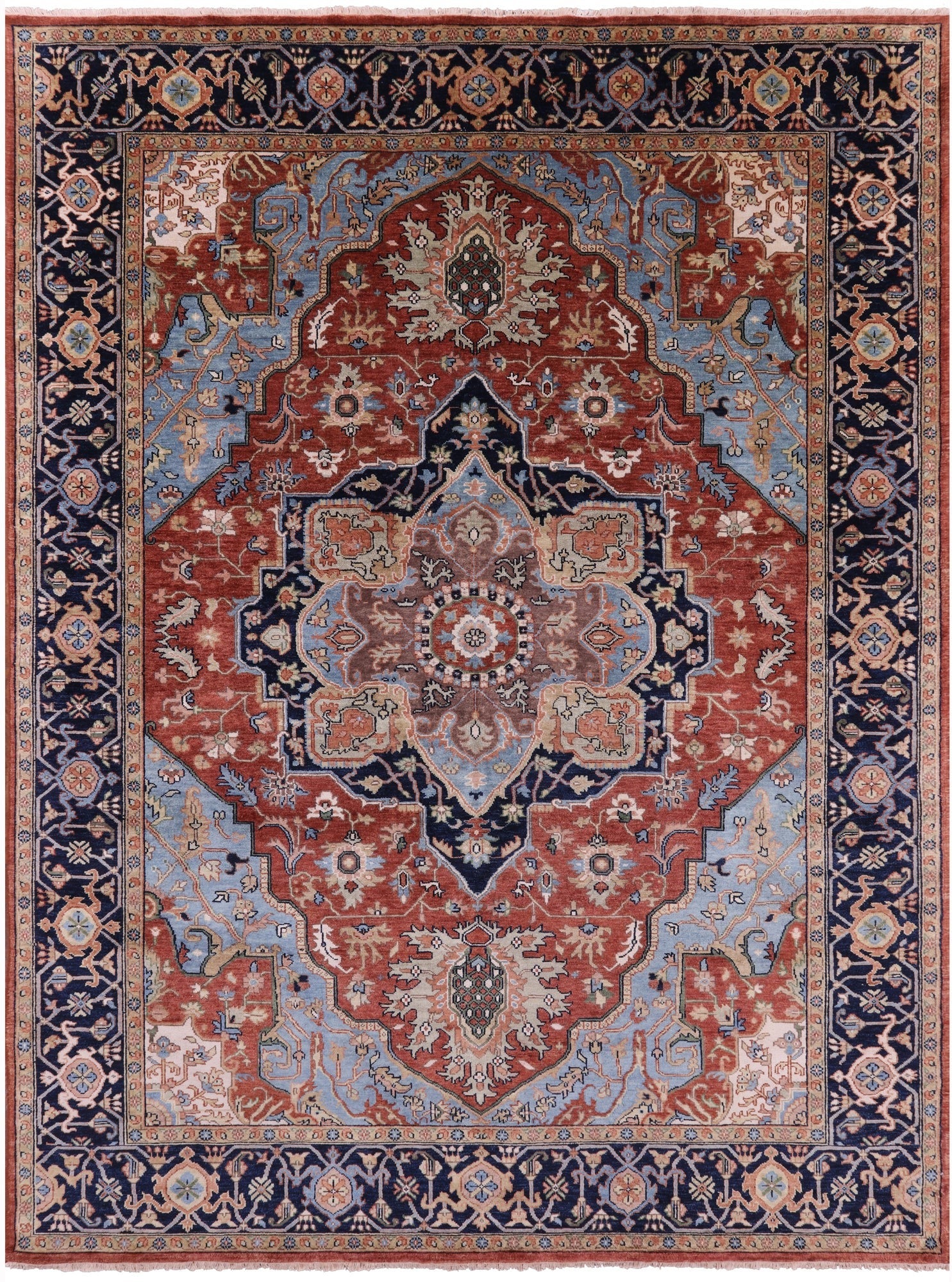 Rust Geometric Heriz Serapi Hand Knotted Wool Rug - 8' 10" X 11' 10" - Golden Nile