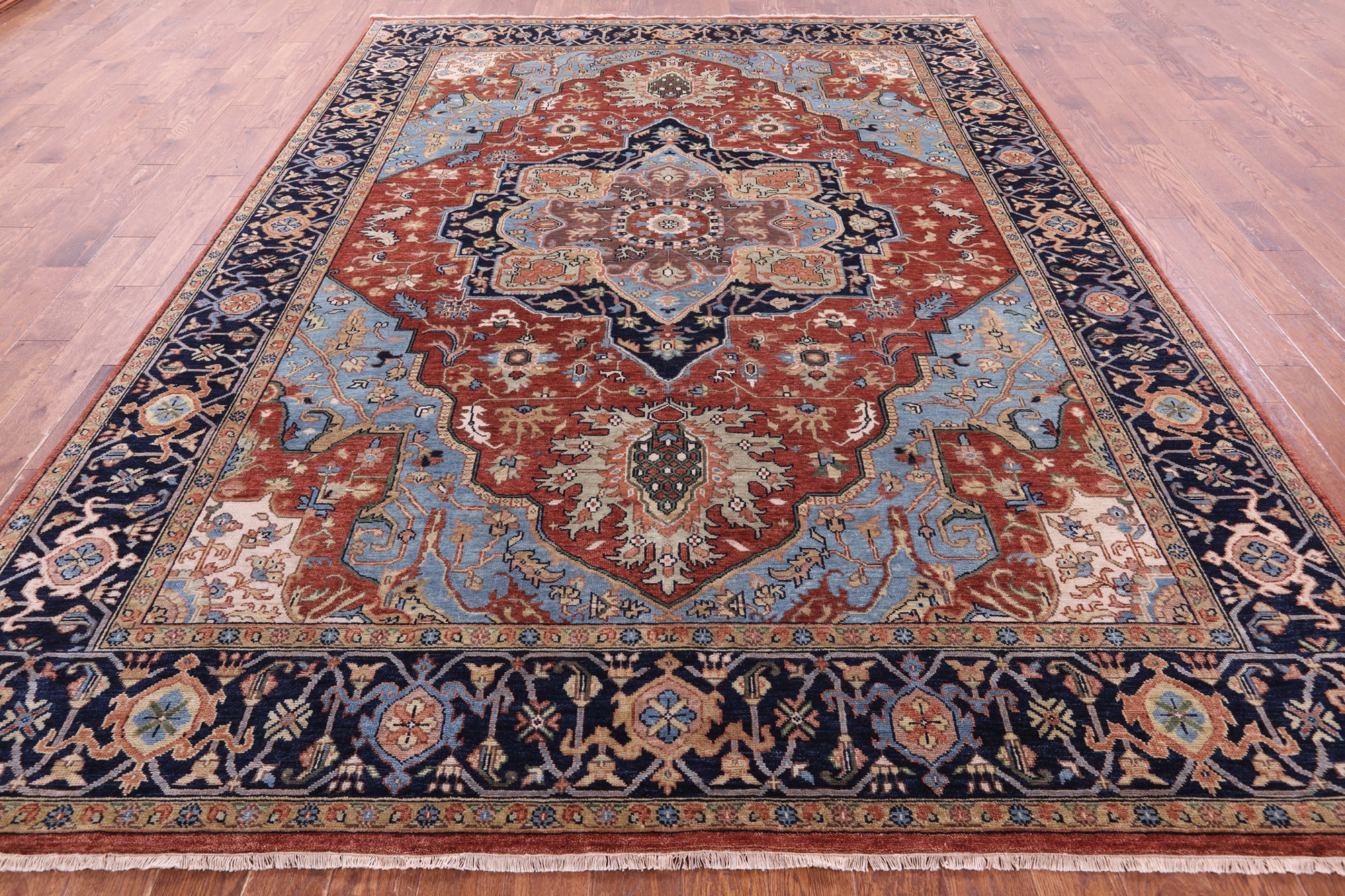 Rust Geometric Heriz Serapi Hand Knotted Wool Rug - 8' 10" X 11' 10" - Golden Nile