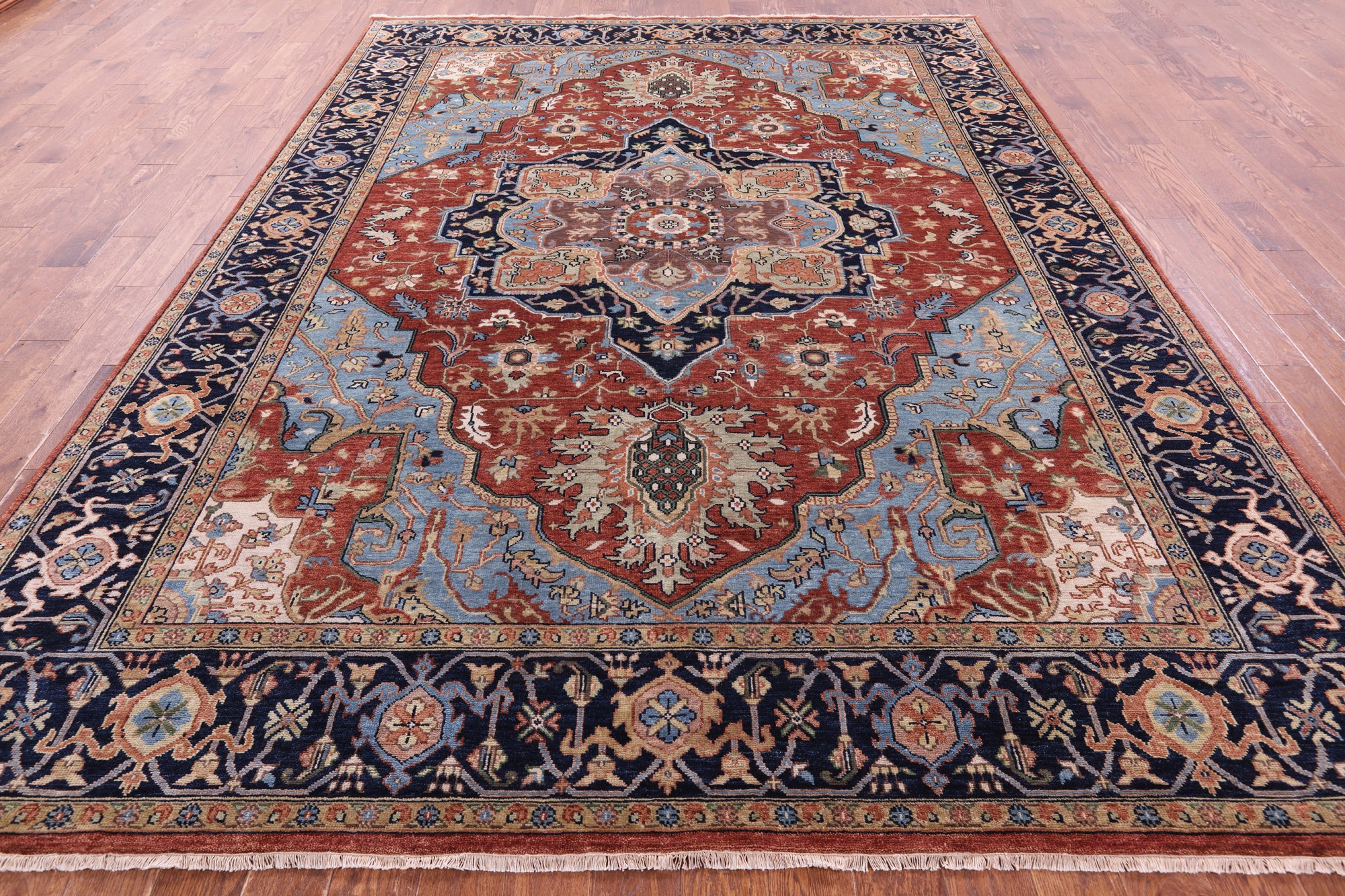 Rust Geometric Heriz Serapi Hand Knotted Wool Rug - 8' 10" X 11' 10" - Golden Nile