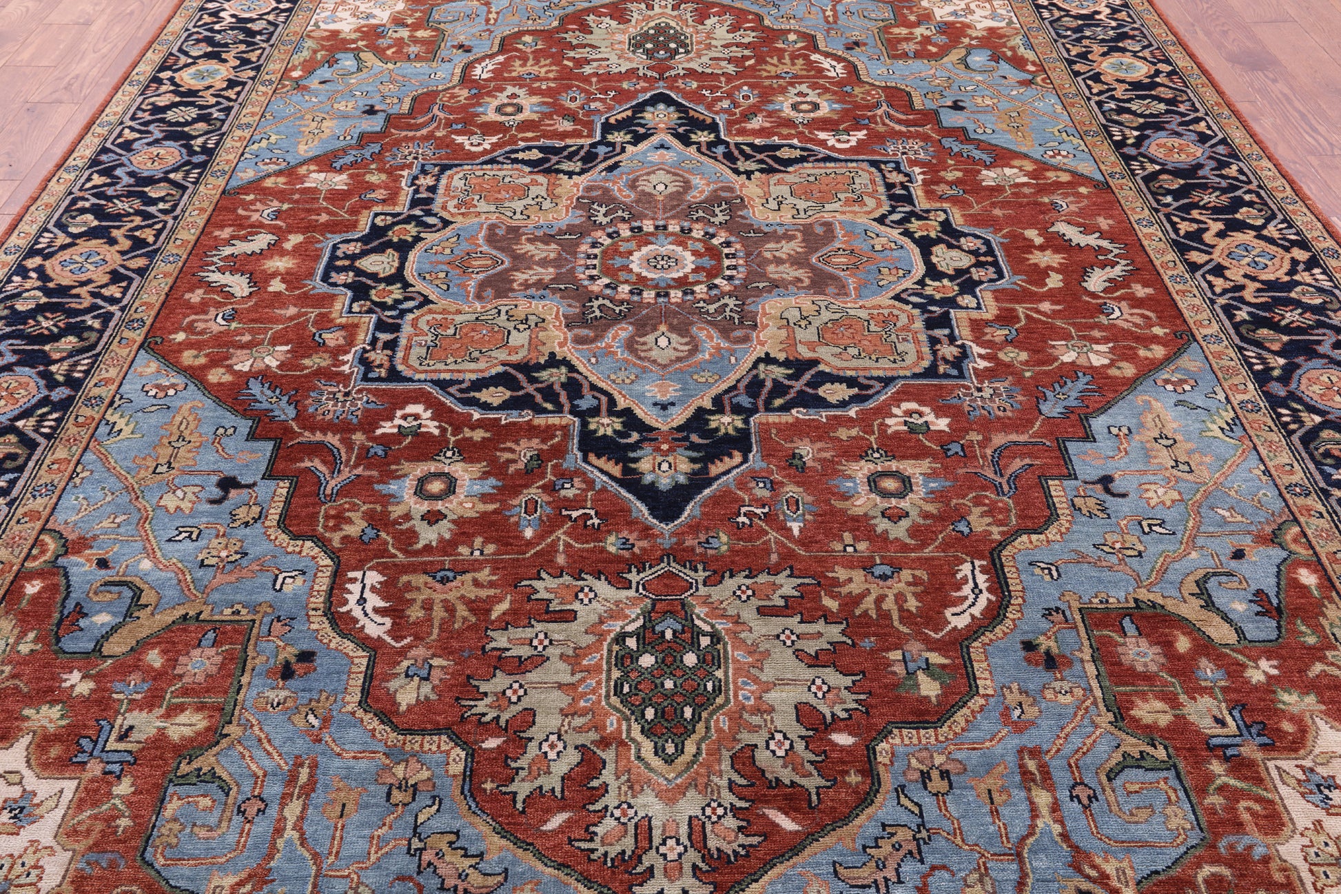 Rust Geometric Heriz Serapi Hand Knotted Wool Rug - 8' 10" X 11' 10" - Golden Nile