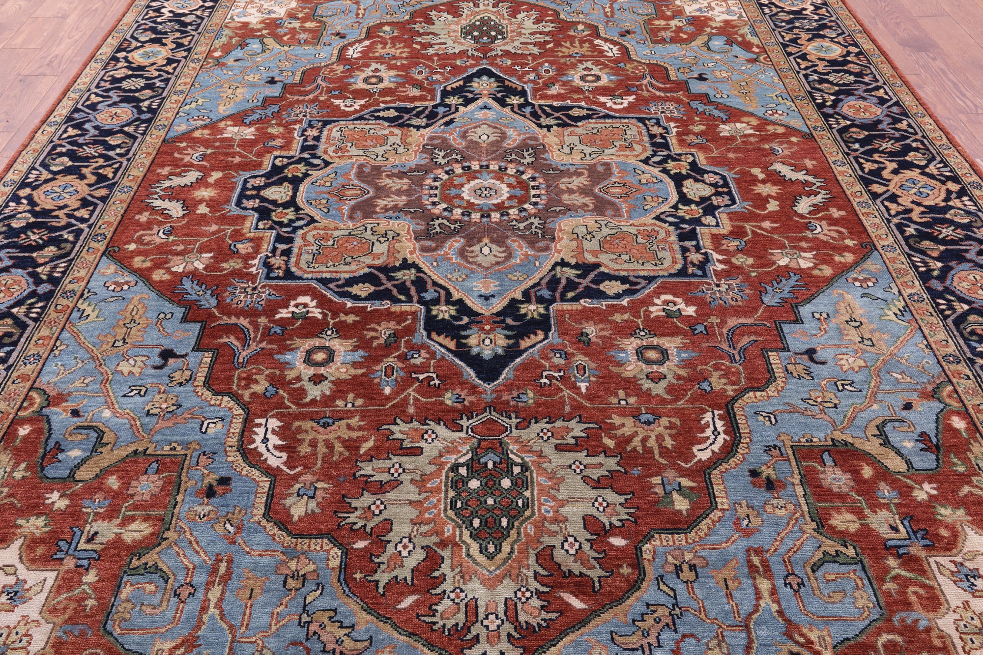 Rust Geometric Heriz Serapi Hand Knotted Wool Rug - 8' 10" X 11' 10" - Golden Nile