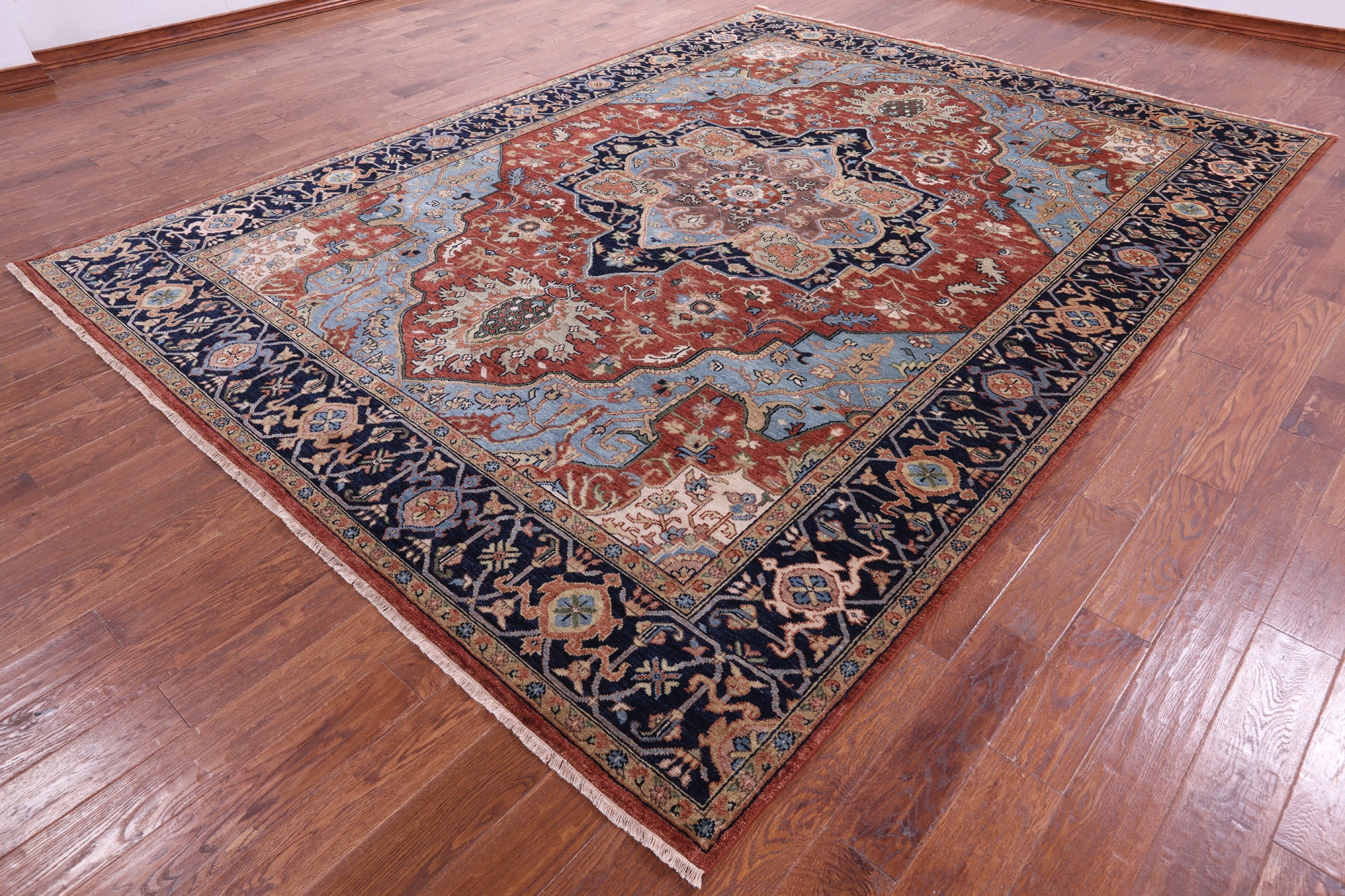 Rust Geometric Heriz Serapi Hand Knotted Wool Rug - 8' 10" X 11' 10" - Golden Nile