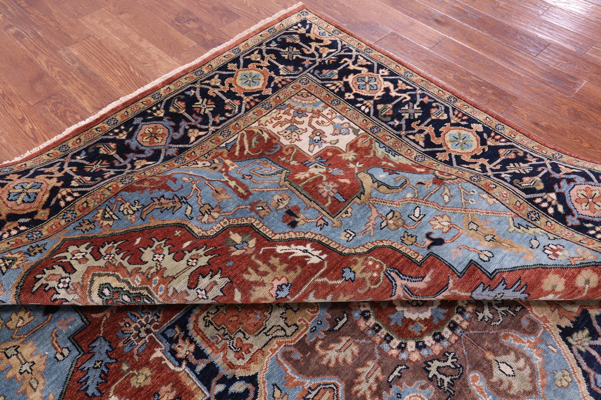 Rust Geometric Heriz Serapi Hand Knotted Wool Rug - 8' 10" X 11' 10" - Golden Nile