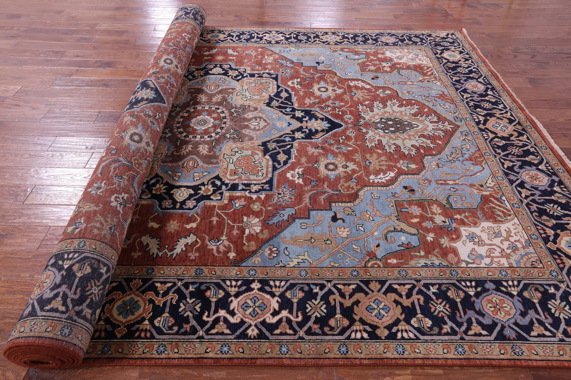 Rust Geometric Heriz Serapi Hand Knotted Wool Rug - 9' 0" X 18' 3" - Golden Nile