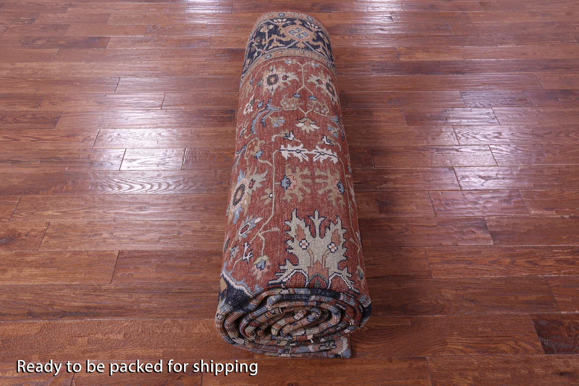 Rust Geometric Heriz Serapi Hand Knotted Wool Rug - 9' 0" X 18' 3" - Golden Nile