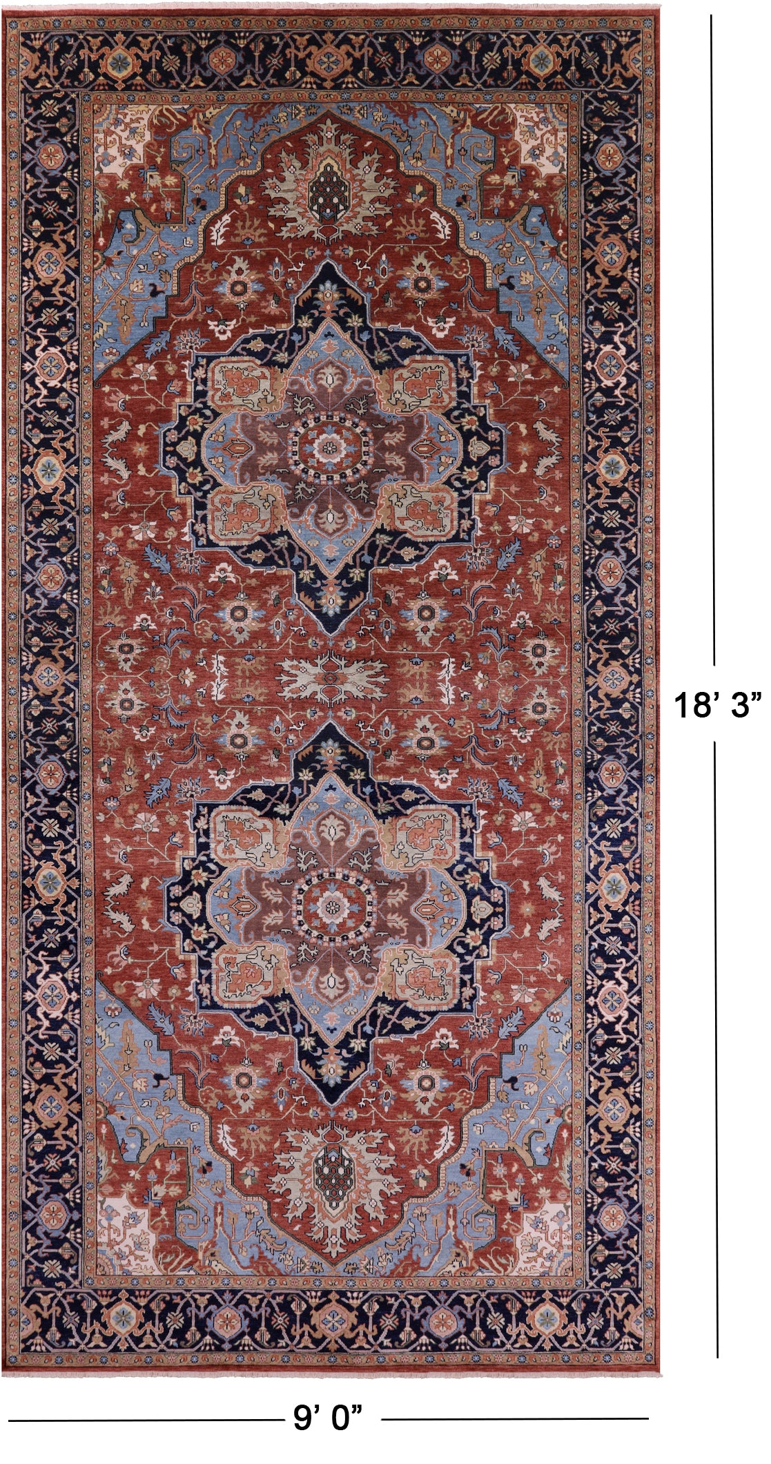 Rust Geometric Heriz Serapi Hand Knotted Wool Rug - 9' 0" X 18' 3" - Golden Nile