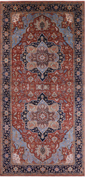 Rust Geometric Heriz Serapi Hand Knotted Wool Rug - 9' 0" X 18' 3" - Golden Nile