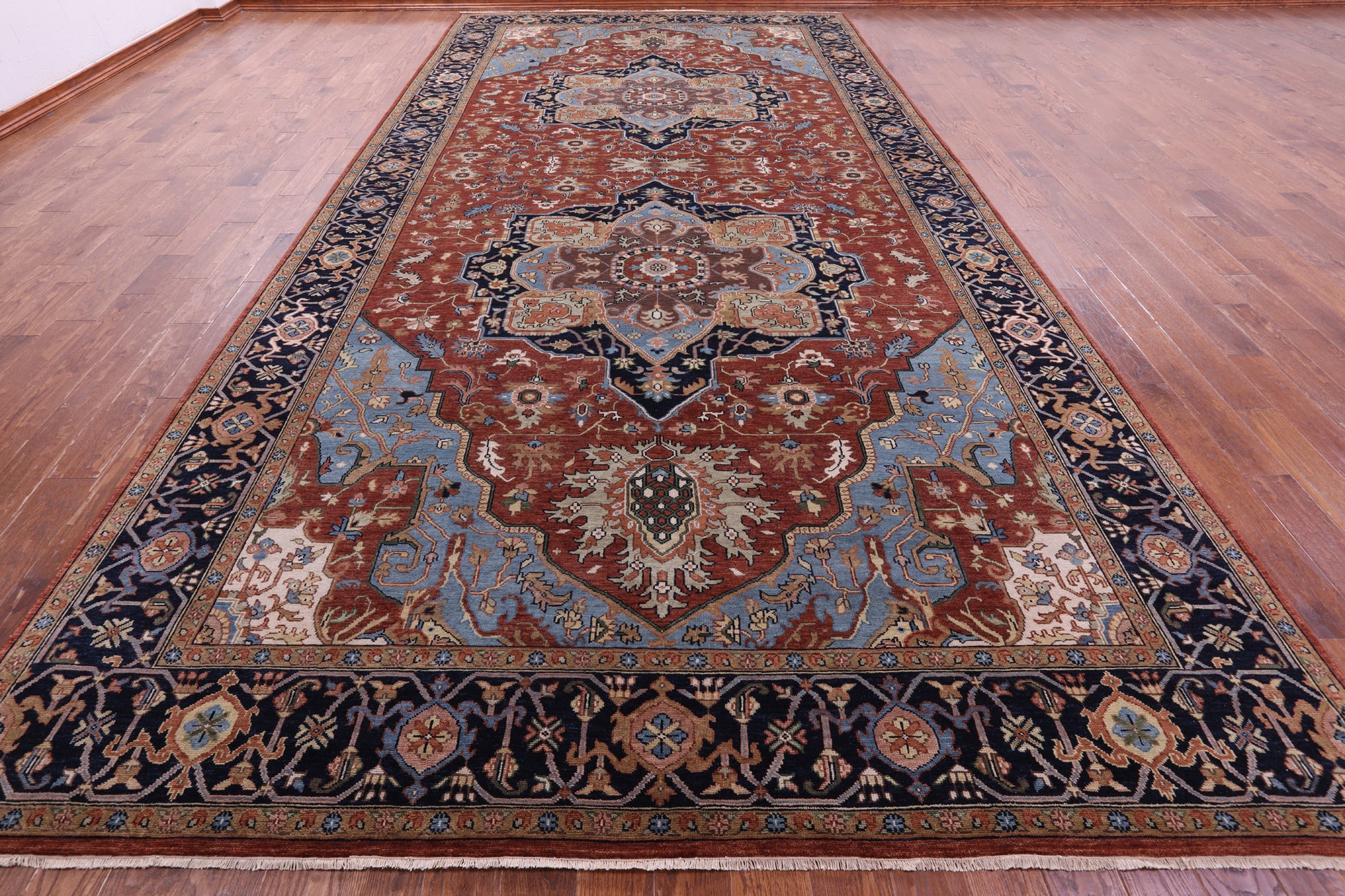 Rust Geometric Heriz Serapi Hand Knotted Wool Rug - 9' 0" X 18' 3" - Golden Nile